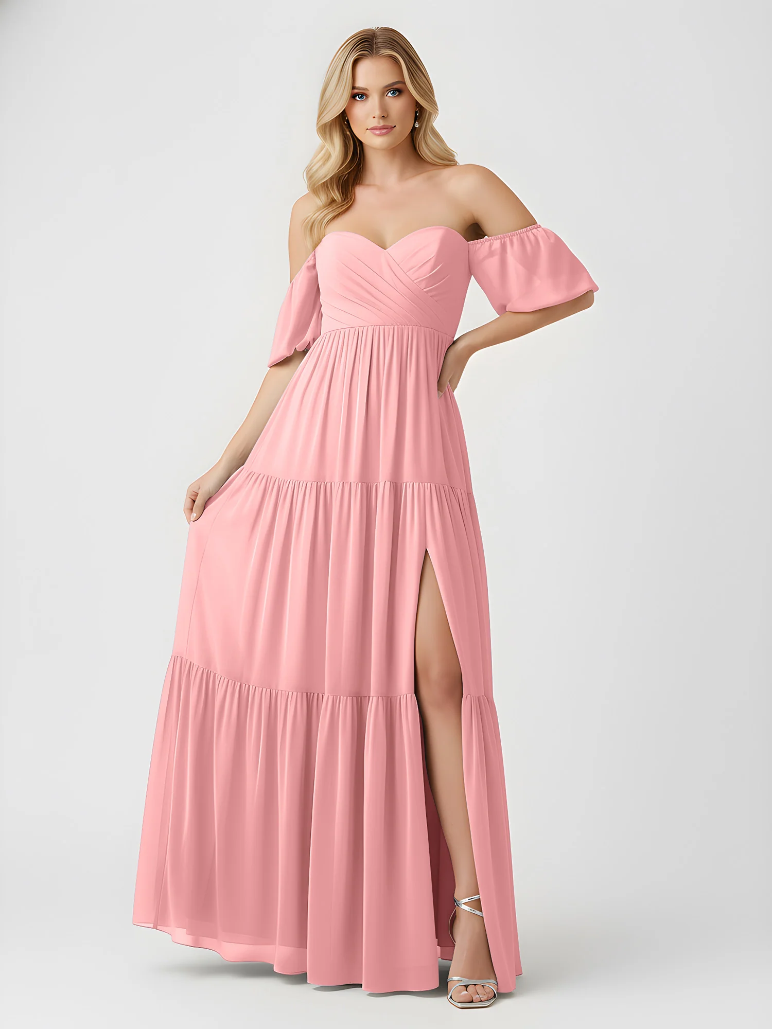 Off-Shoulder Tiered Chiffon Maxi Dress with Slit Flamingo - Image 3