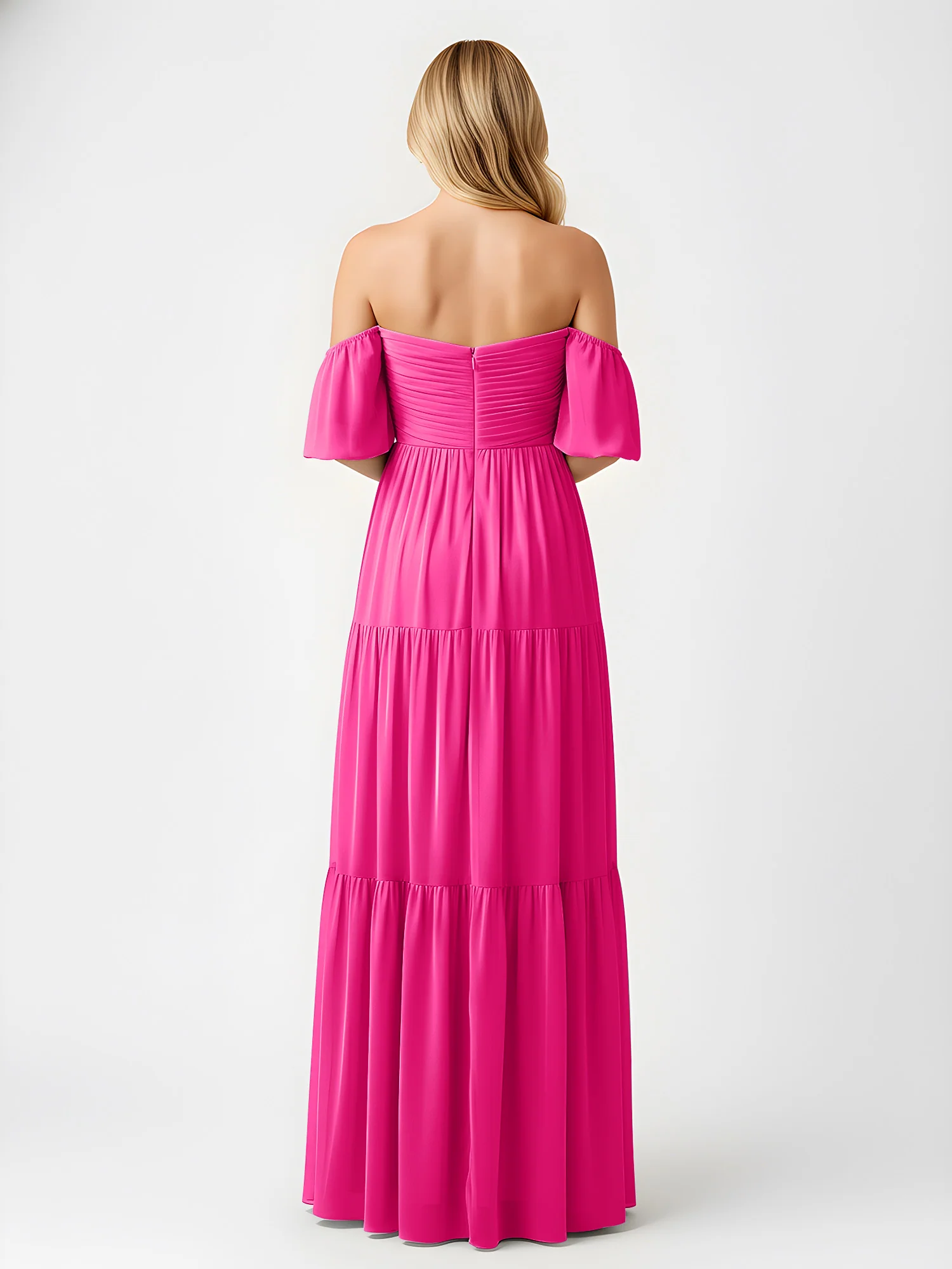 Off-Shoulder Tiered Chiffon Maxi Dress with Slit Fuchsia - Image 2