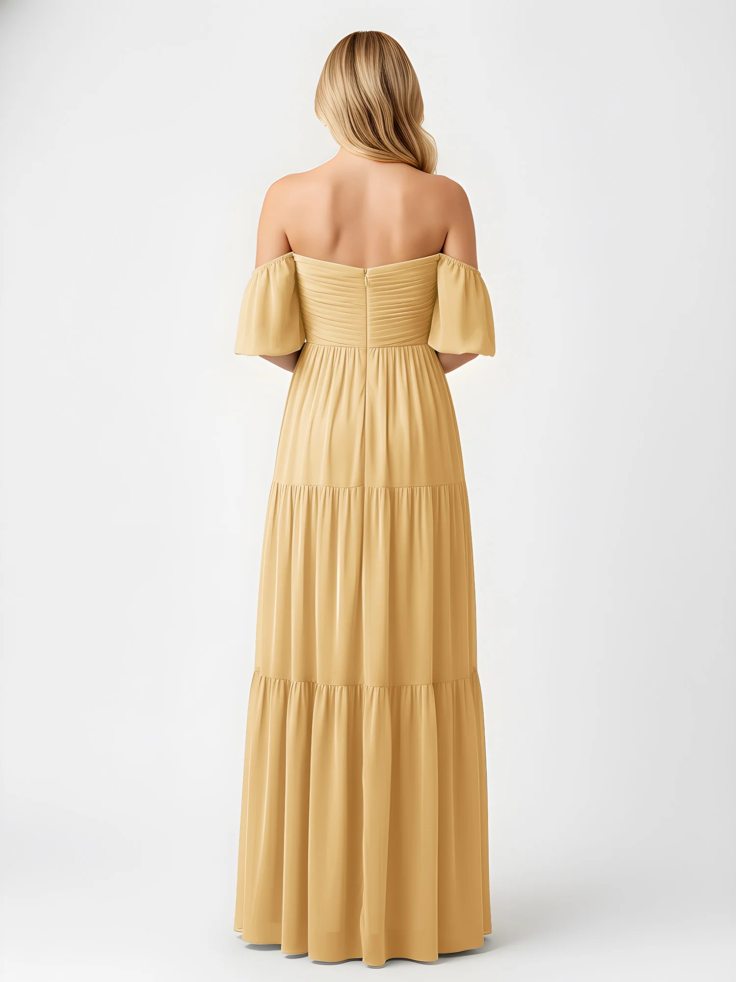 Off-Shoulder Tiered Chiffon Maxi Dress with Slit Gold - Image 2