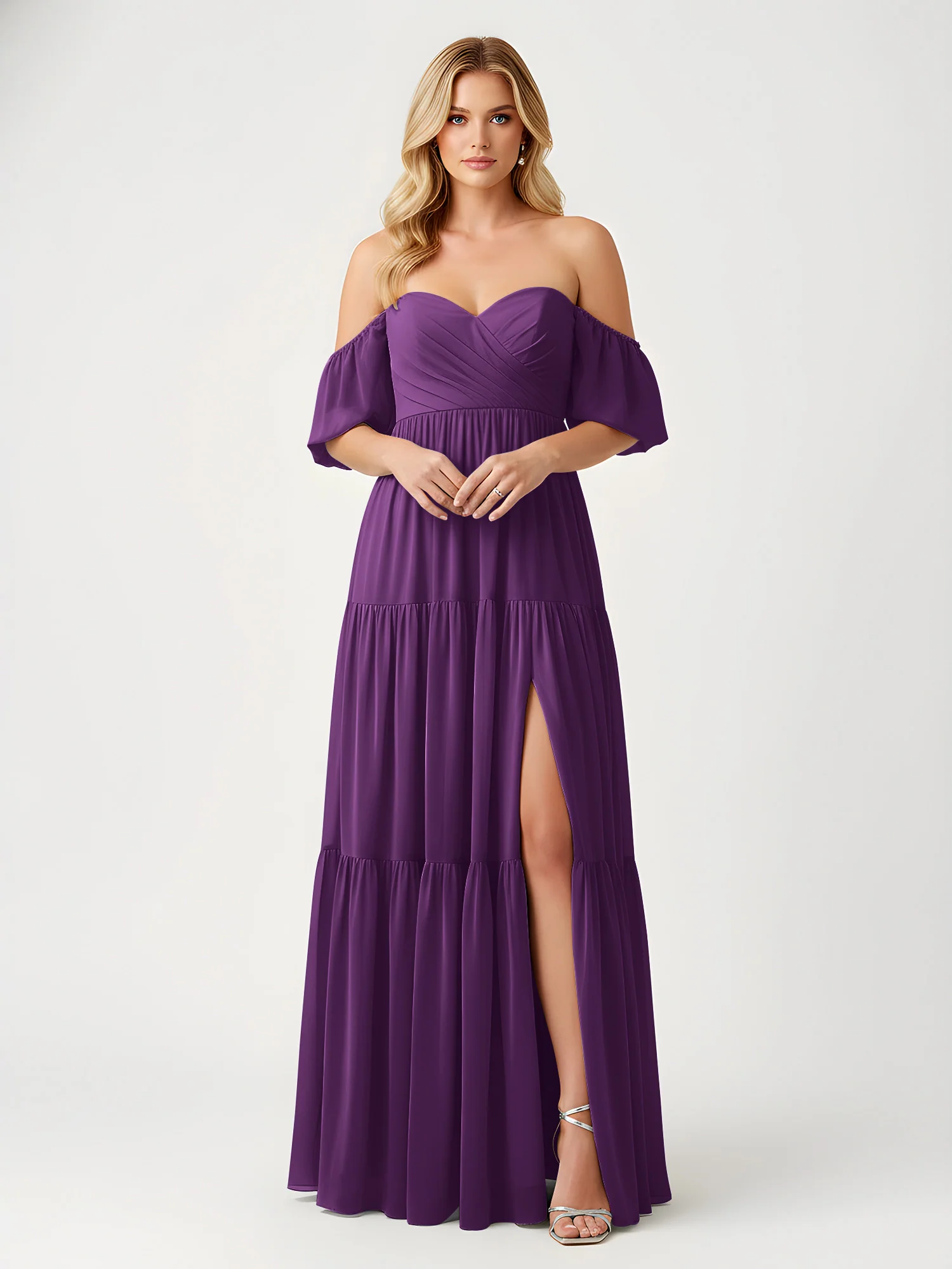 Off-Shoulder Tiered Chiffon Maxi Dress with Slit Grape