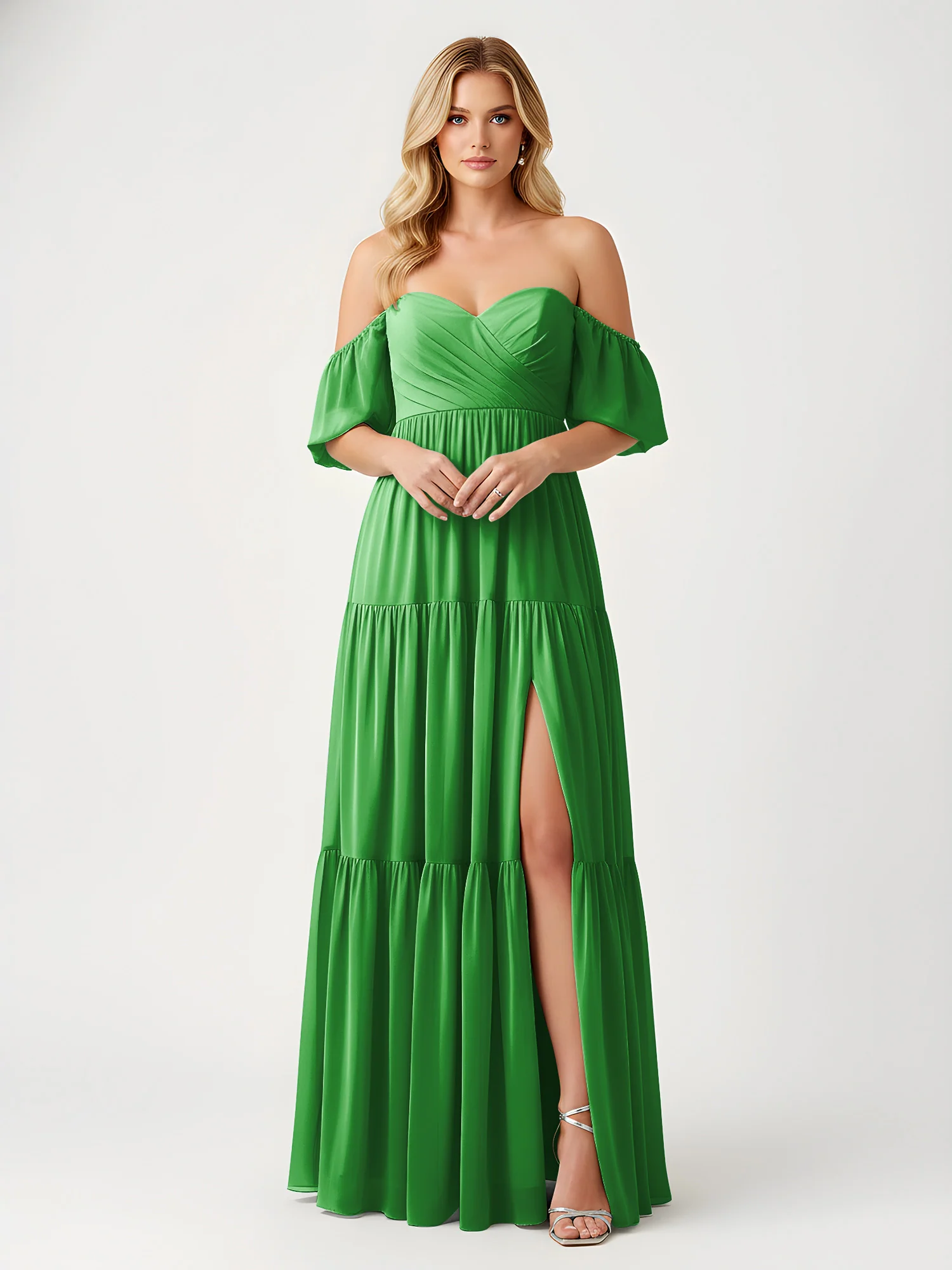 Off-Shoulder Tiered Chiffon Maxi Dress with Slit Green