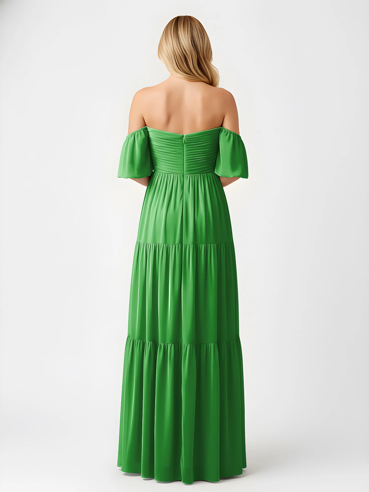 Off-Shoulder Tiered Chiffon Maxi Dress with Slit Green - Image 2