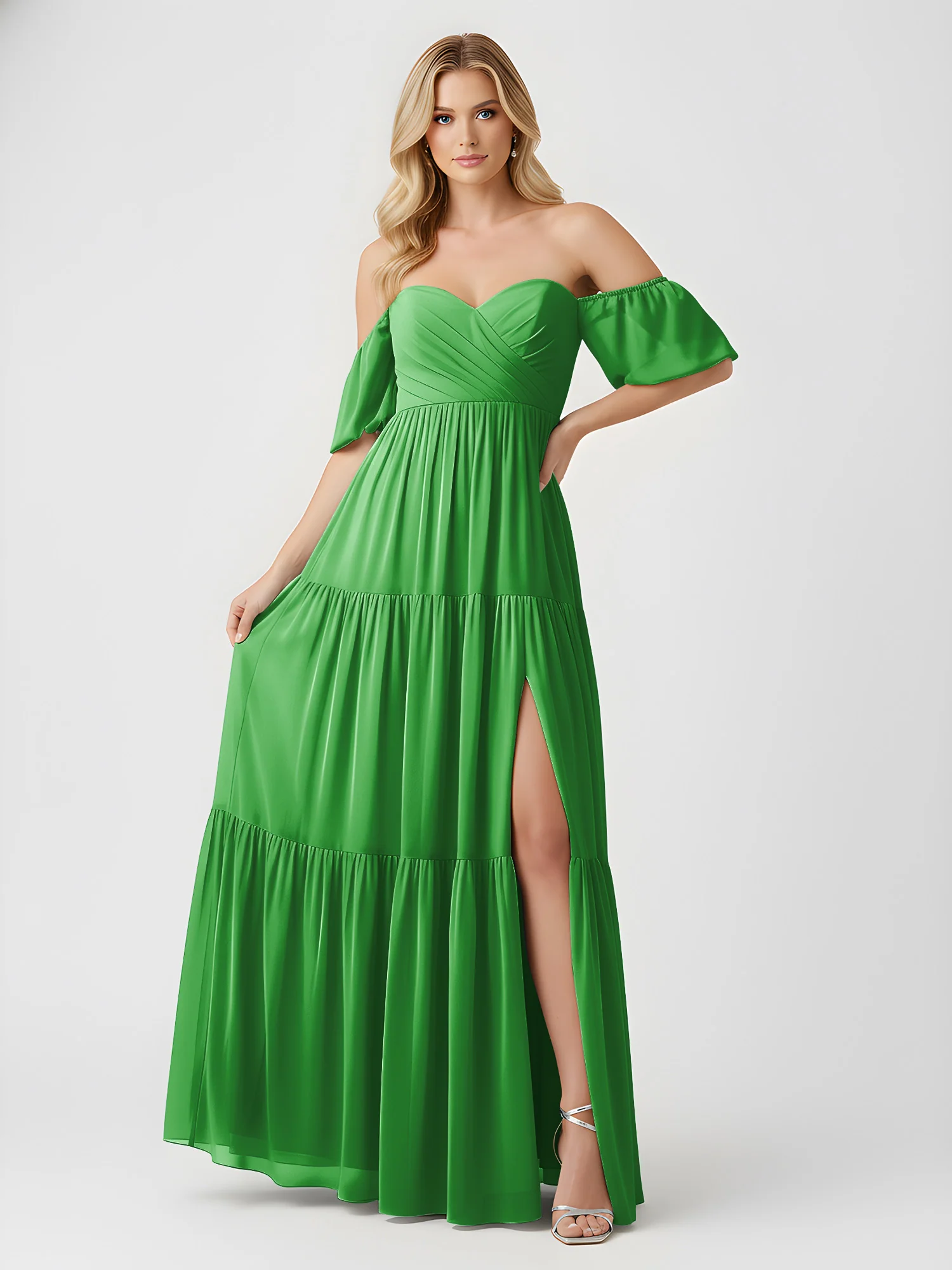 Off-Shoulder Tiered Chiffon Maxi Dress with Slit Green - Image 3