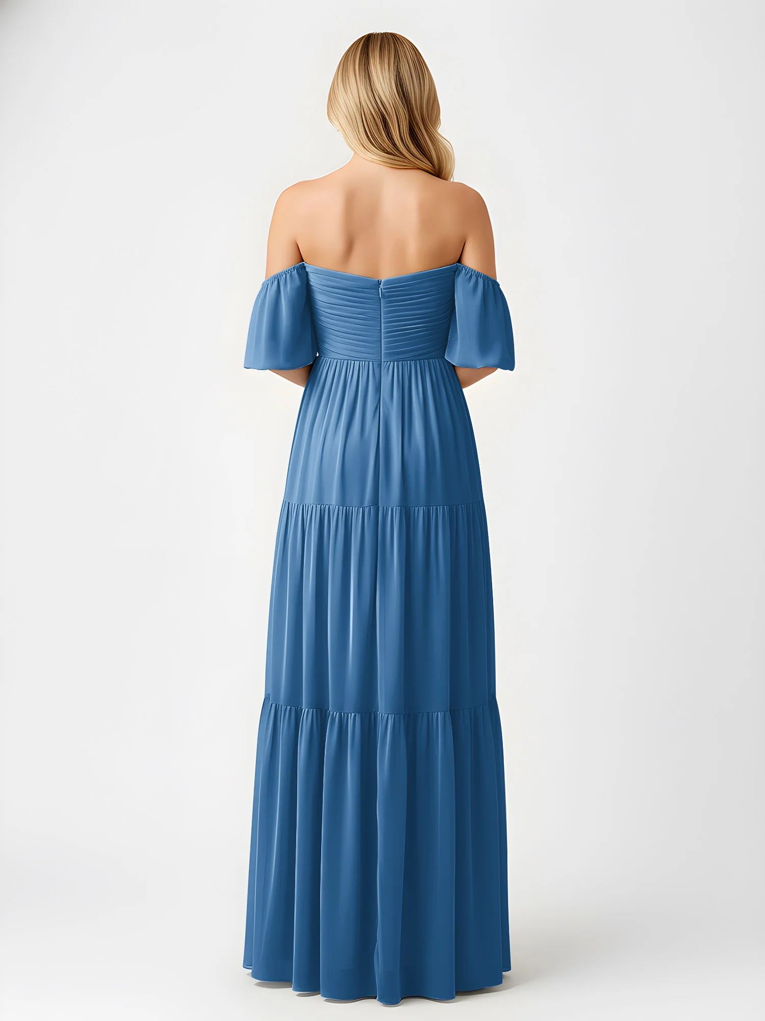 Off-Shoulder Tiered Chiffon Maxi Dress with Slit Ink Blue - Image 2
