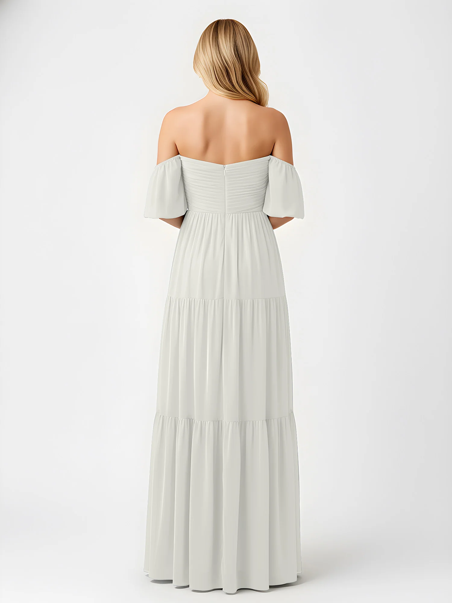 Off-Shoulder Tiered Chiffon Maxi Dress with Slit Ivory - Image 2