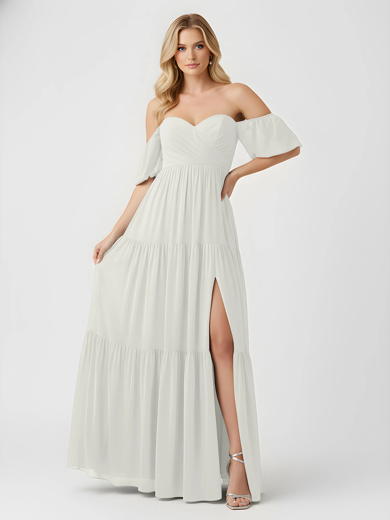 Off-Shoulder Tiered Chiffon Maxi Dress with Slit Ivory - Image 3