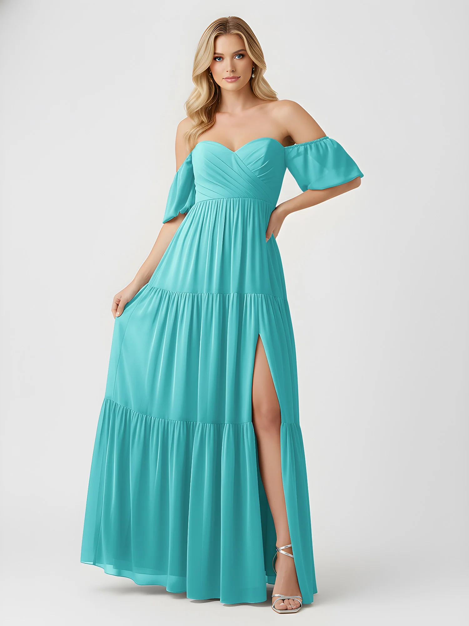 Off-Shoulder Tiered Chiffon Maxi Dress with Slit Jade - Image 3