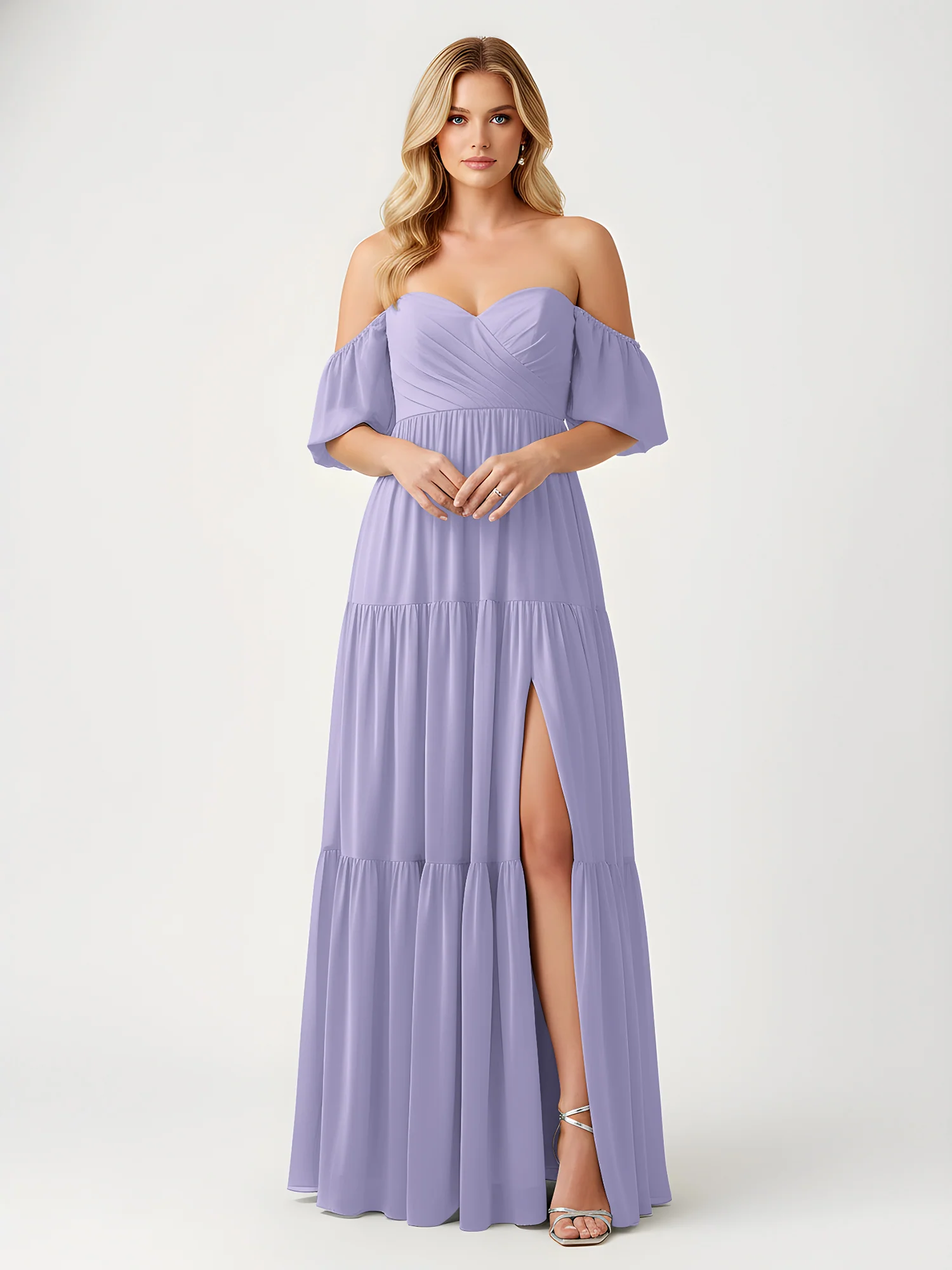 Off-Shoulder Tiered Chiffon Maxi Dress with Slit Lavender