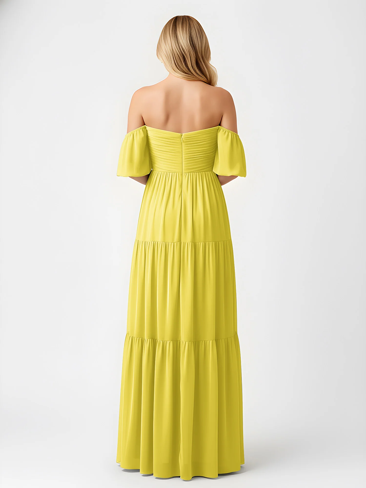 Off-Shoulder Tiered Chiffon Maxi Dress with Slit Lemon - Image 2