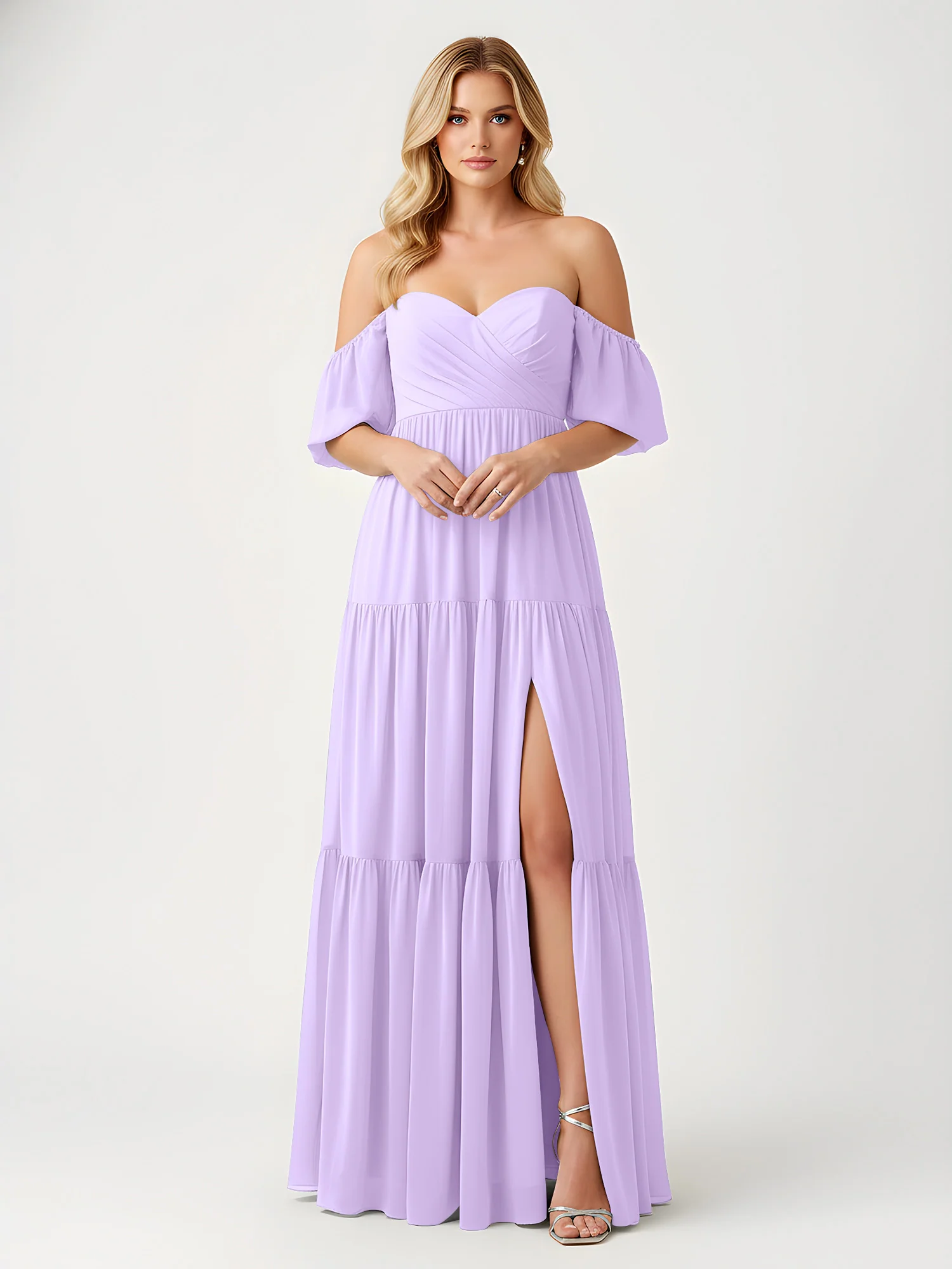 Off-Shoulder Tiered Chiffon Maxi Dress with Slit Lilac