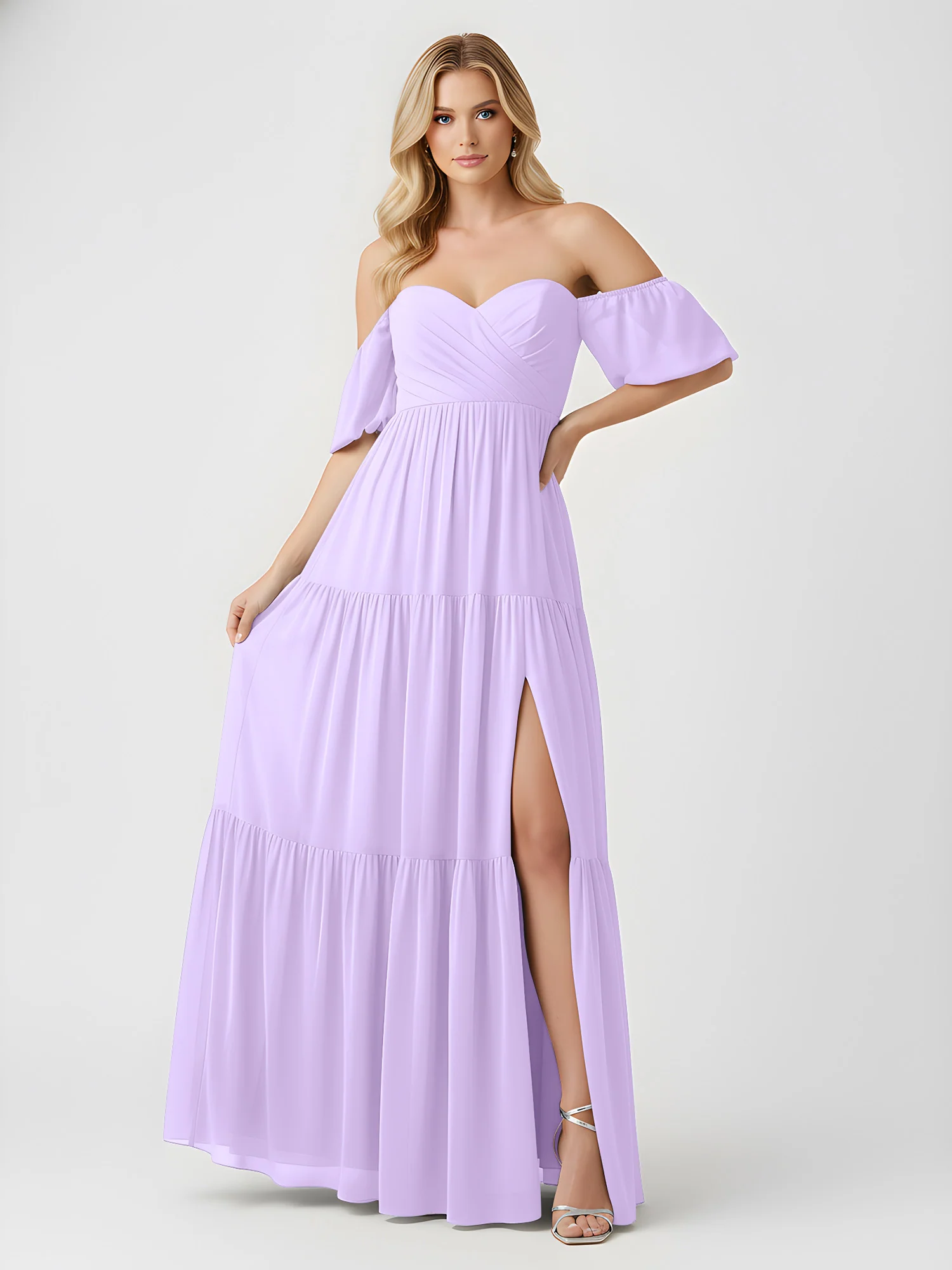 Off-Shoulder Tiered Chiffon Maxi Dress with Slit Lilac - Image 3