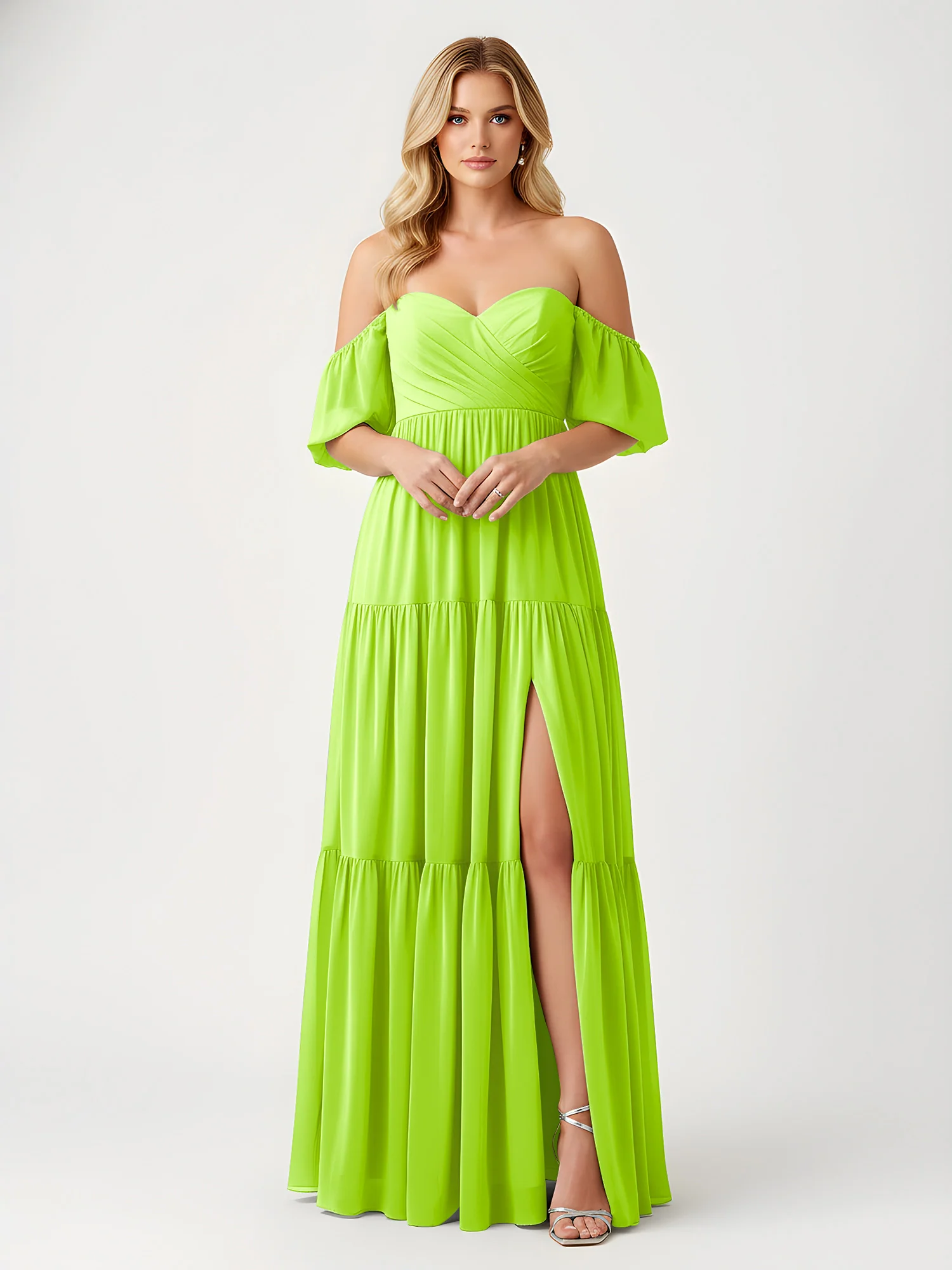 Off-Shoulder Tiered Chiffon Maxi Dress with Slit Lime Green