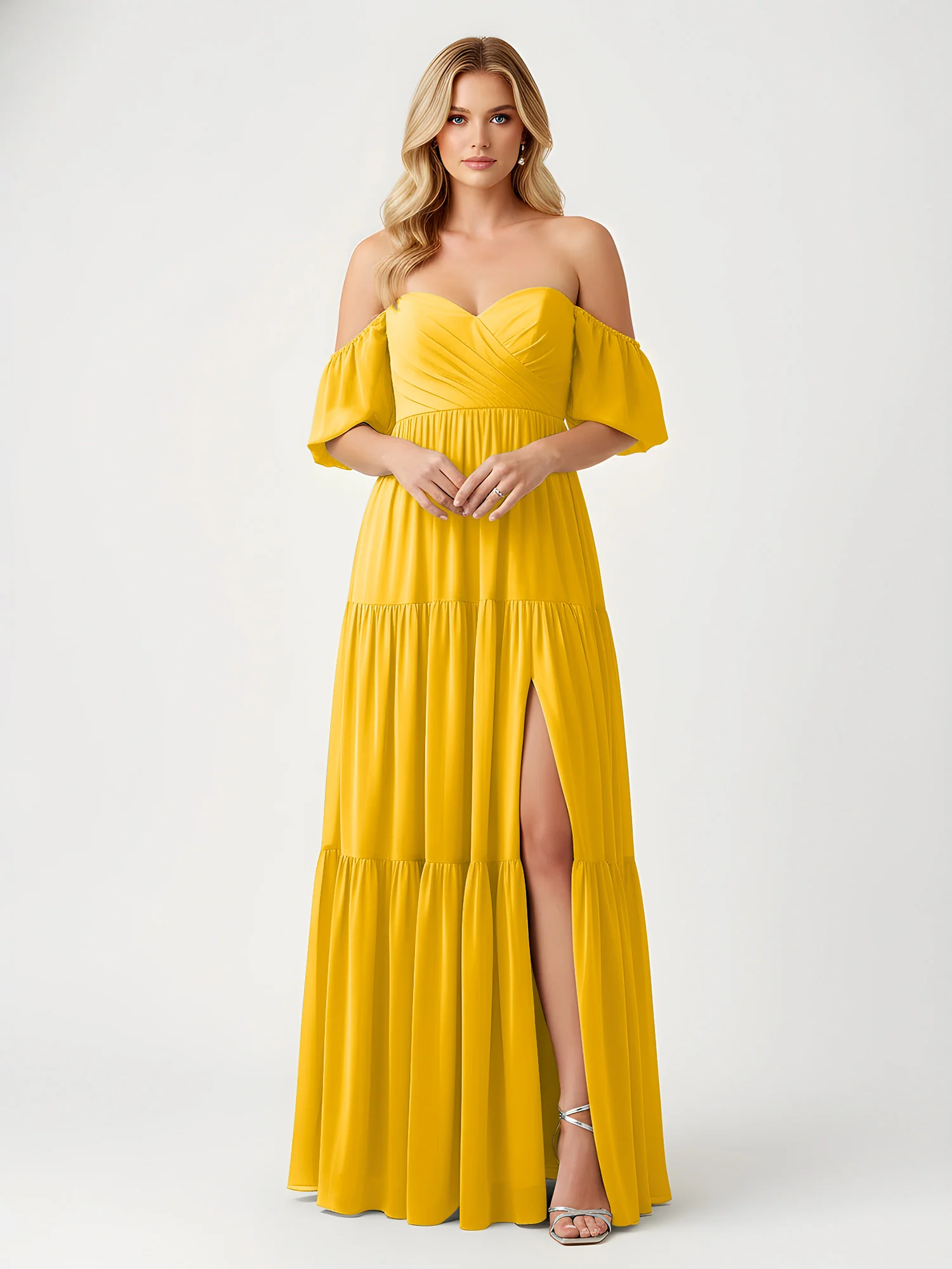 Off-Shoulder Tiered Chiffon Maxi Dress with Slit Marigold