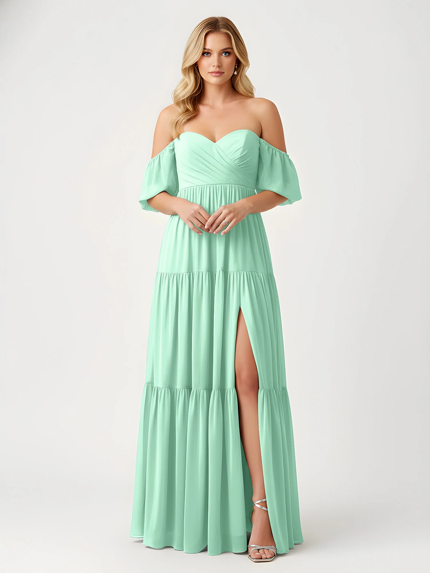 Off-Shoulder Tiered Chiffon Maxi Dress with Slit Mint Green