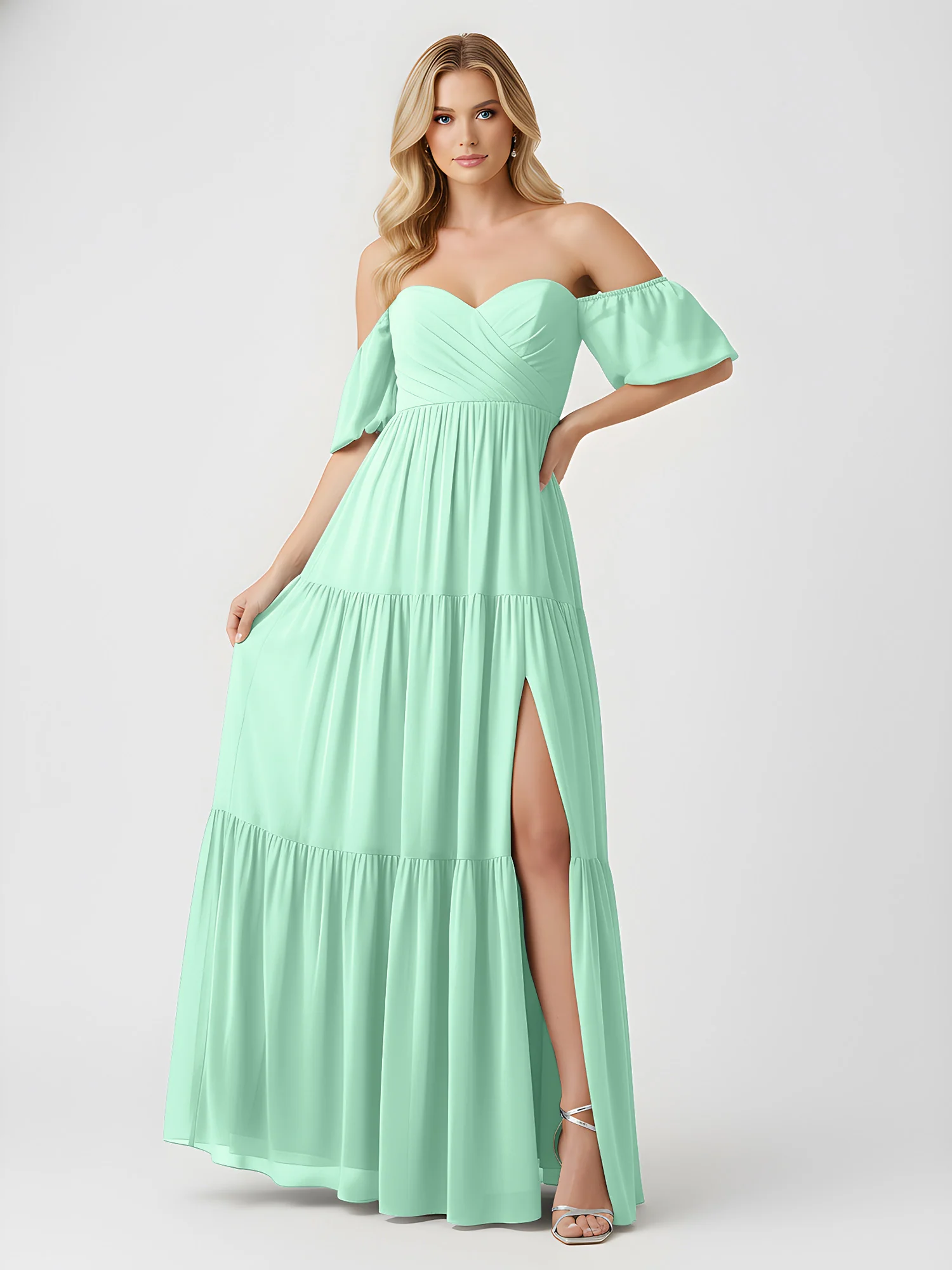 Off-Shoulder Tiered Chiffon Maxi Dress with Slit Mint Green - Image 3