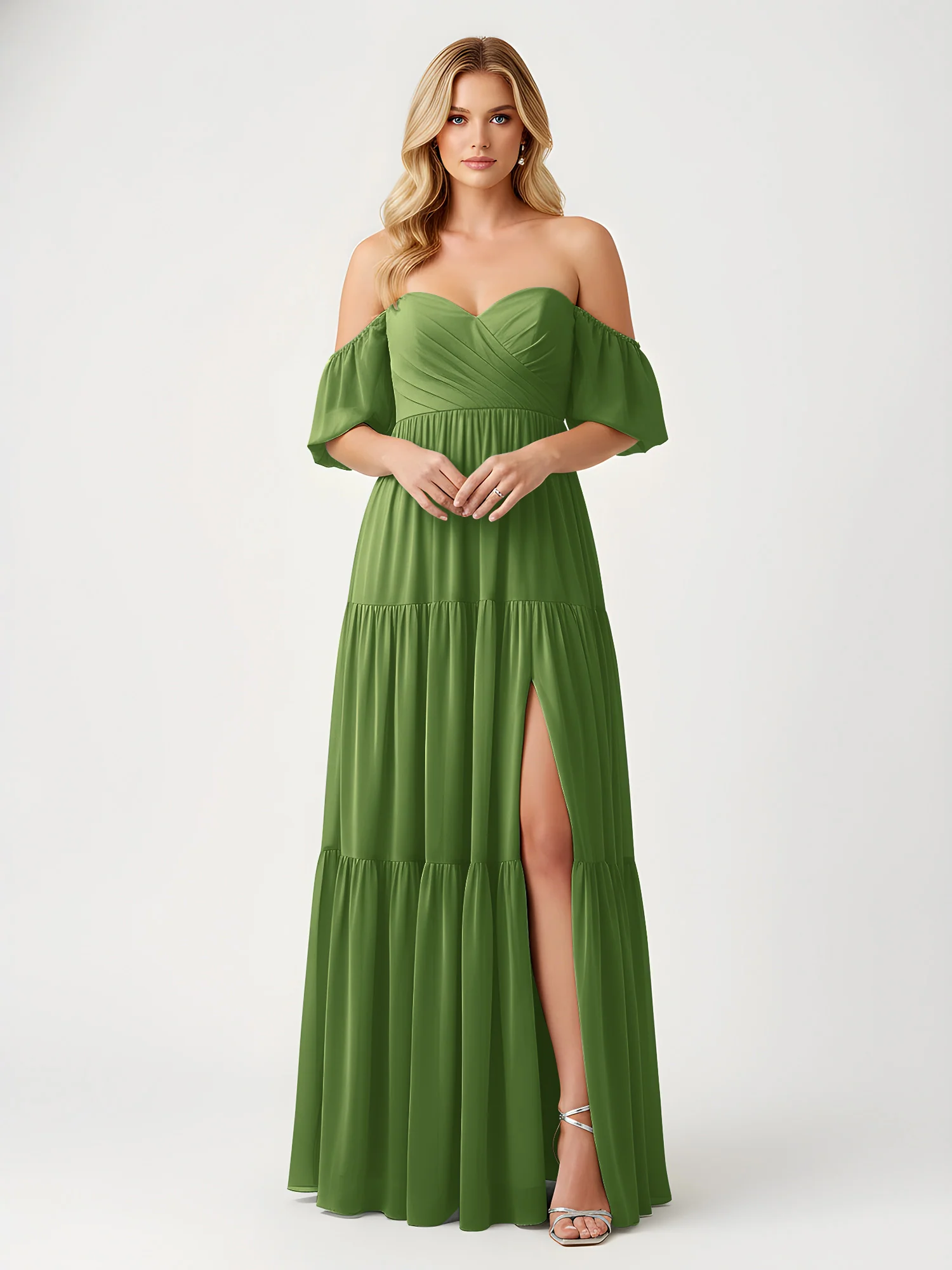 Off-Shoulder Tiered Chiffon Maxi Dress with Slit Moss