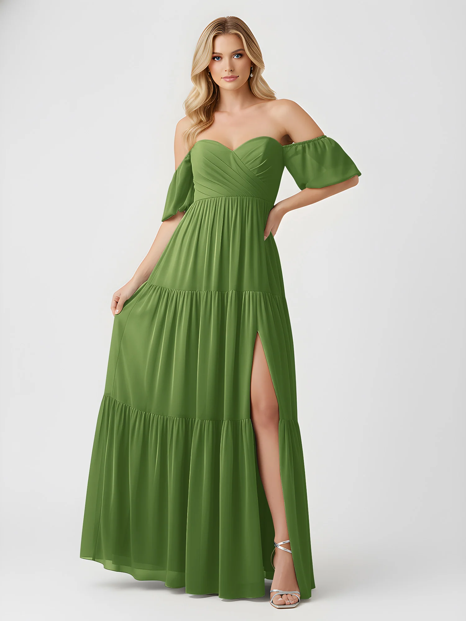 Off-Shoulder Tiered Chiffon Maxi Dress with Slit Moss - Image 3