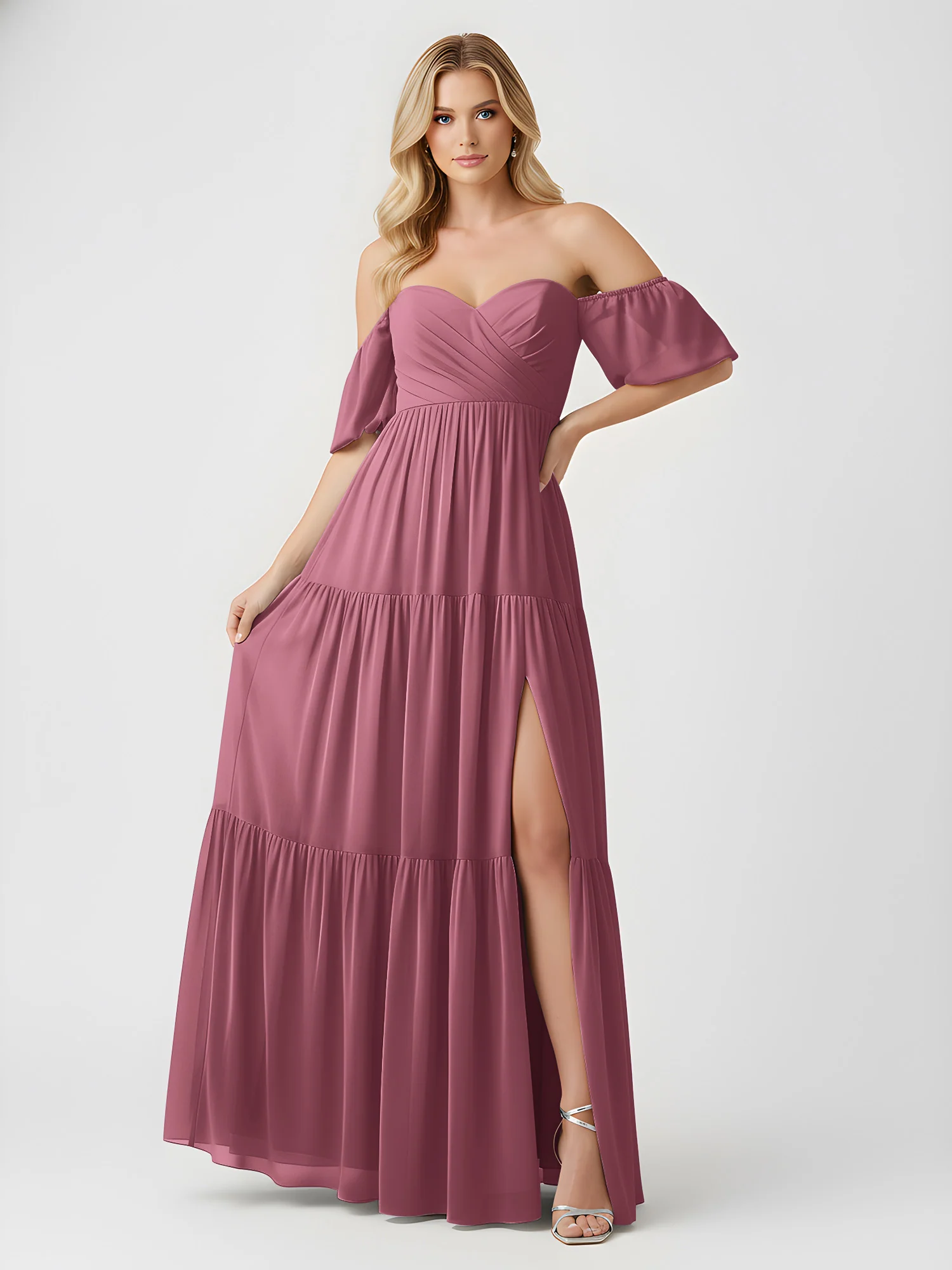 Off-Shoulder Tiered Chiffon Maxi Dress with Slit Mulberry - Image 3