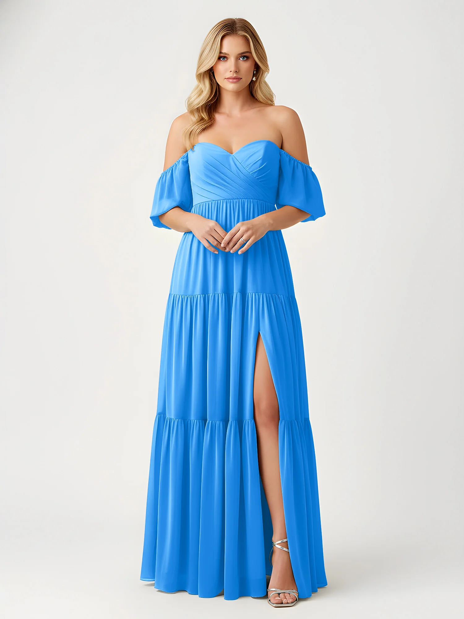 Off-Shoulder Tiered Chiffon Maxi Dress with Slit Ocean Blue