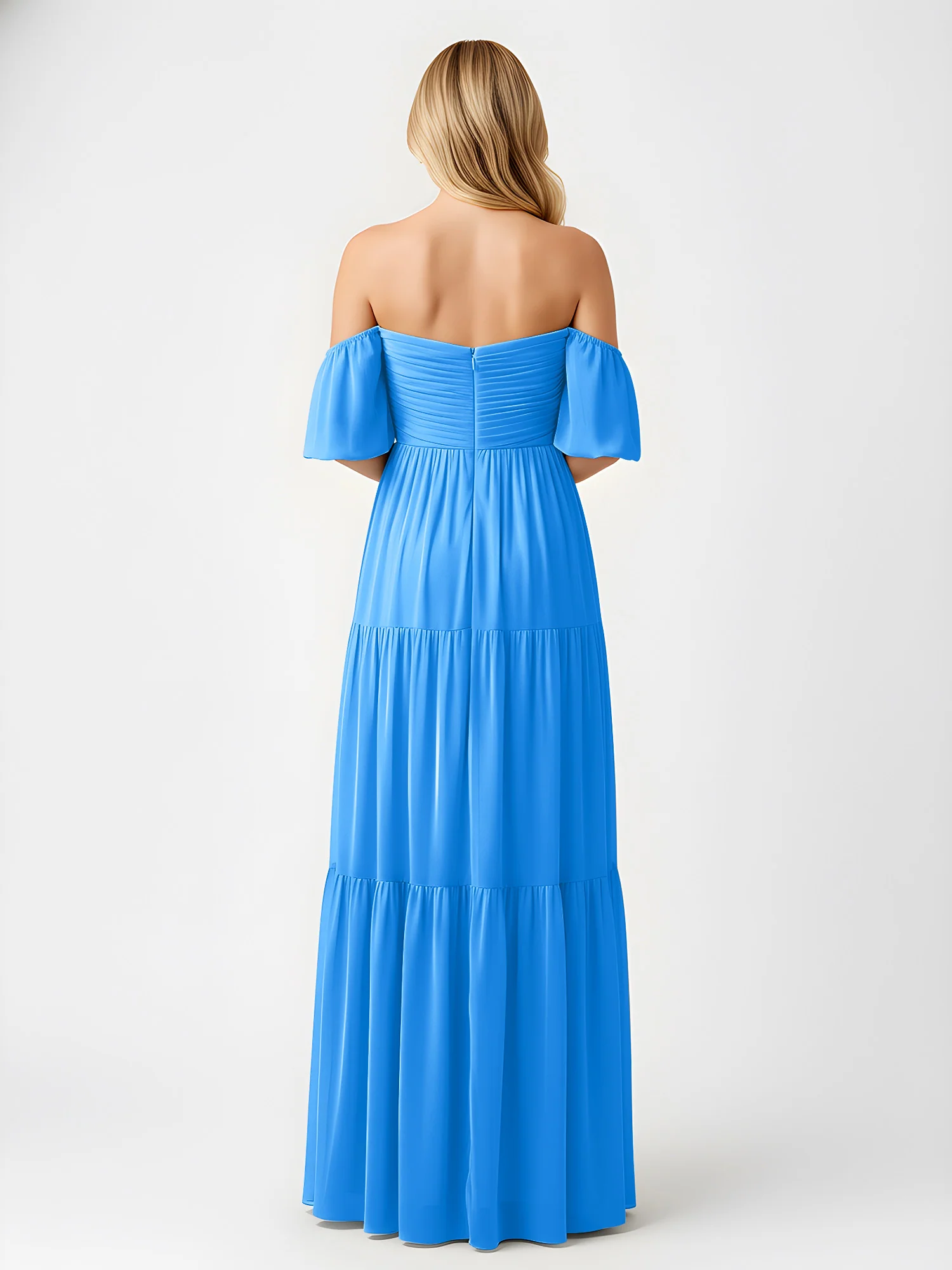 Off-Shoulder Tiered Chiffon Maxi Dress with Slit Ocean Blue - Image 2