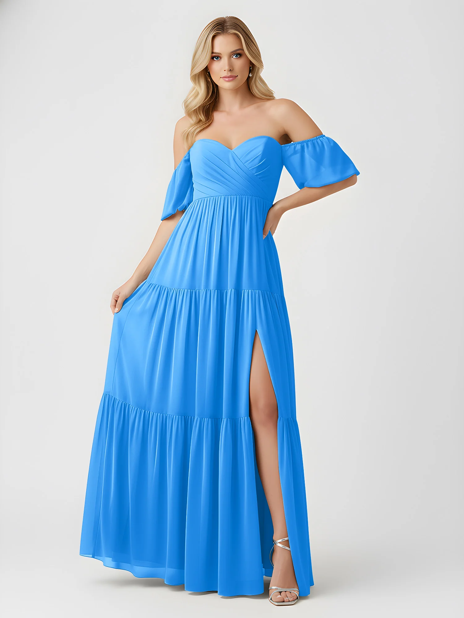 Off-Shoulder Tiered Chiffon Maxi Dress with Slit Ocean Blue - Image 3