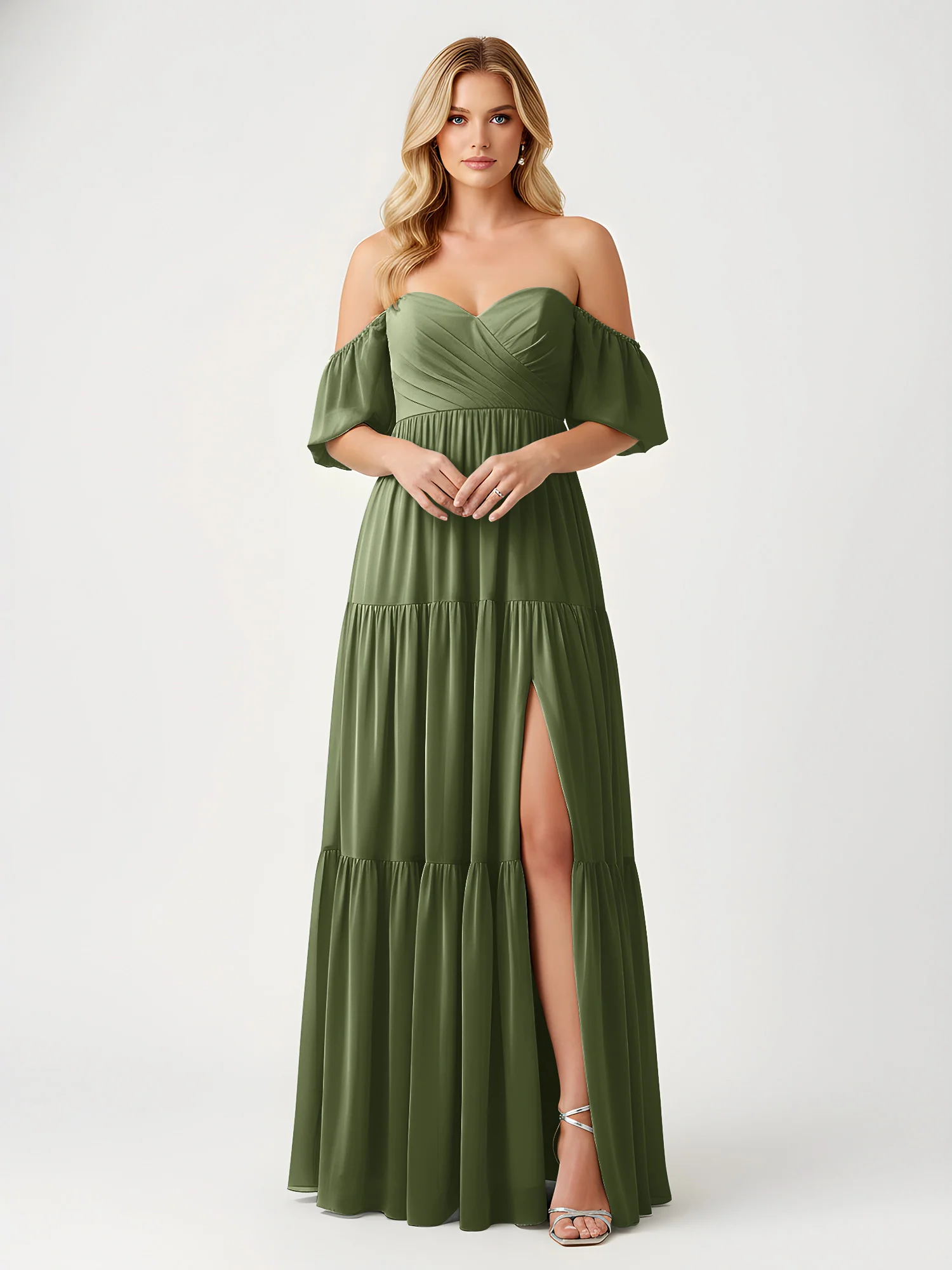Off-Shoulder Tiered Chiffon Maxi Dress with Slit Olive Green