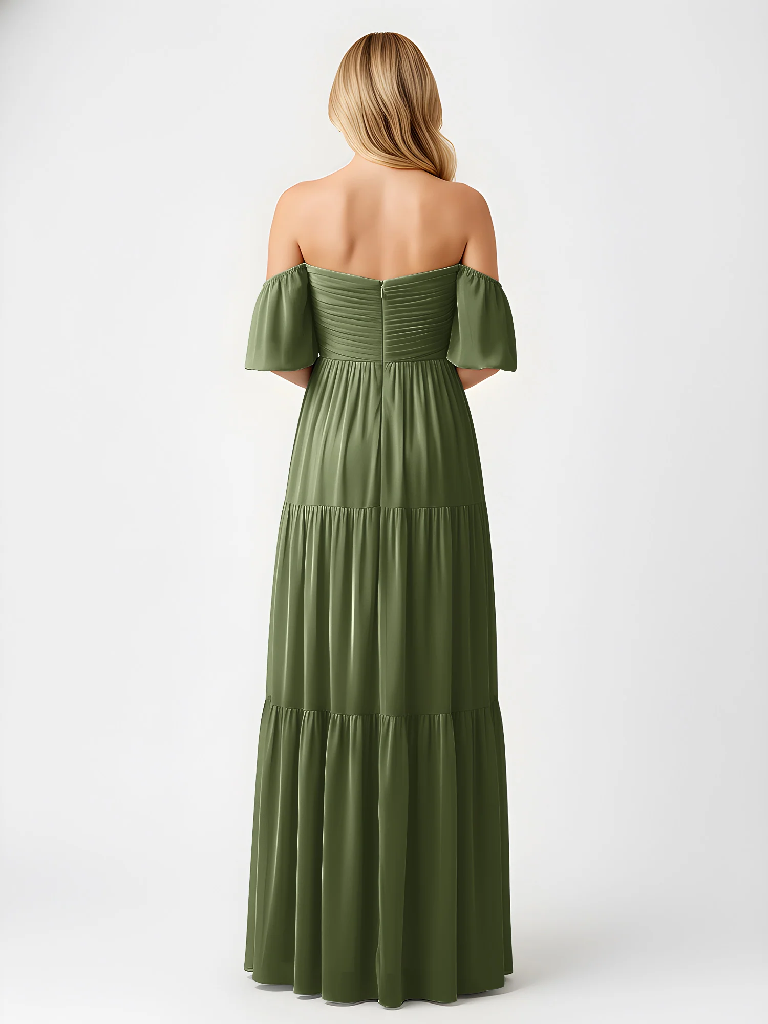 Off-Shoulder Tiered Chiffon Maxi Dress with Slit Olive Green - Image 2