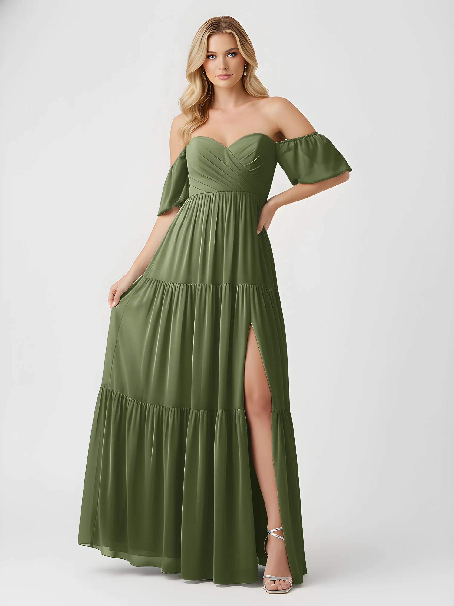 Off-Shoulder Tiered Chiffon Maxi Dress with Slit Olive Green - Image 3