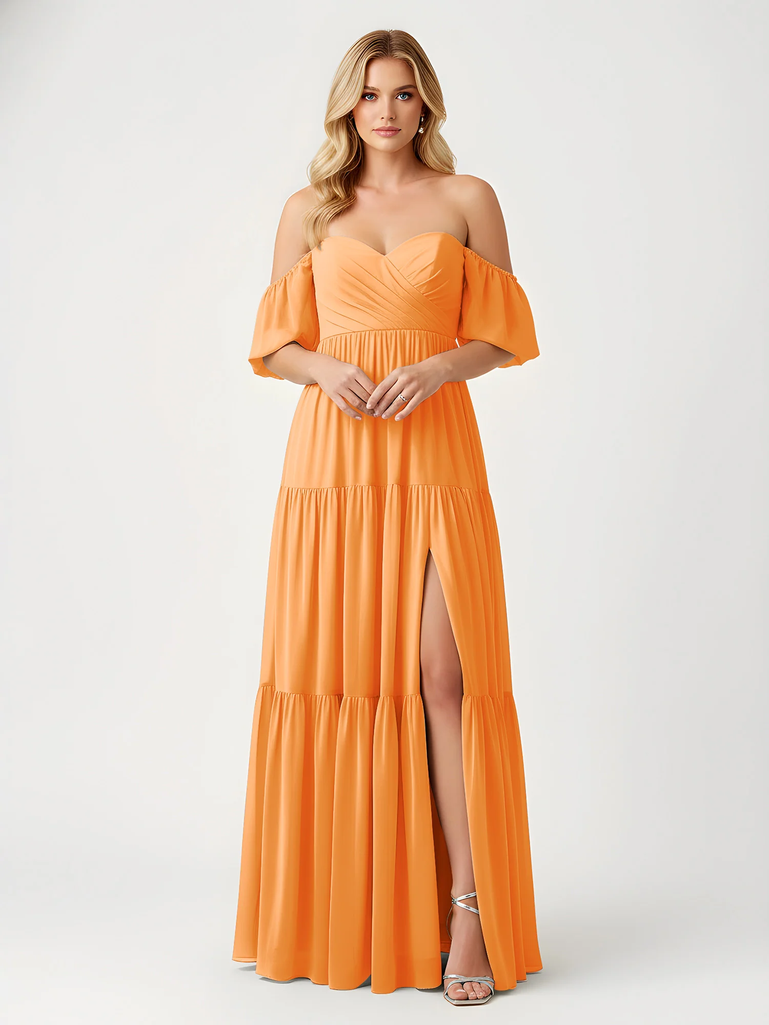 Off-Shoulder Tiered Chiffon Maxi Dress with Slit Orange