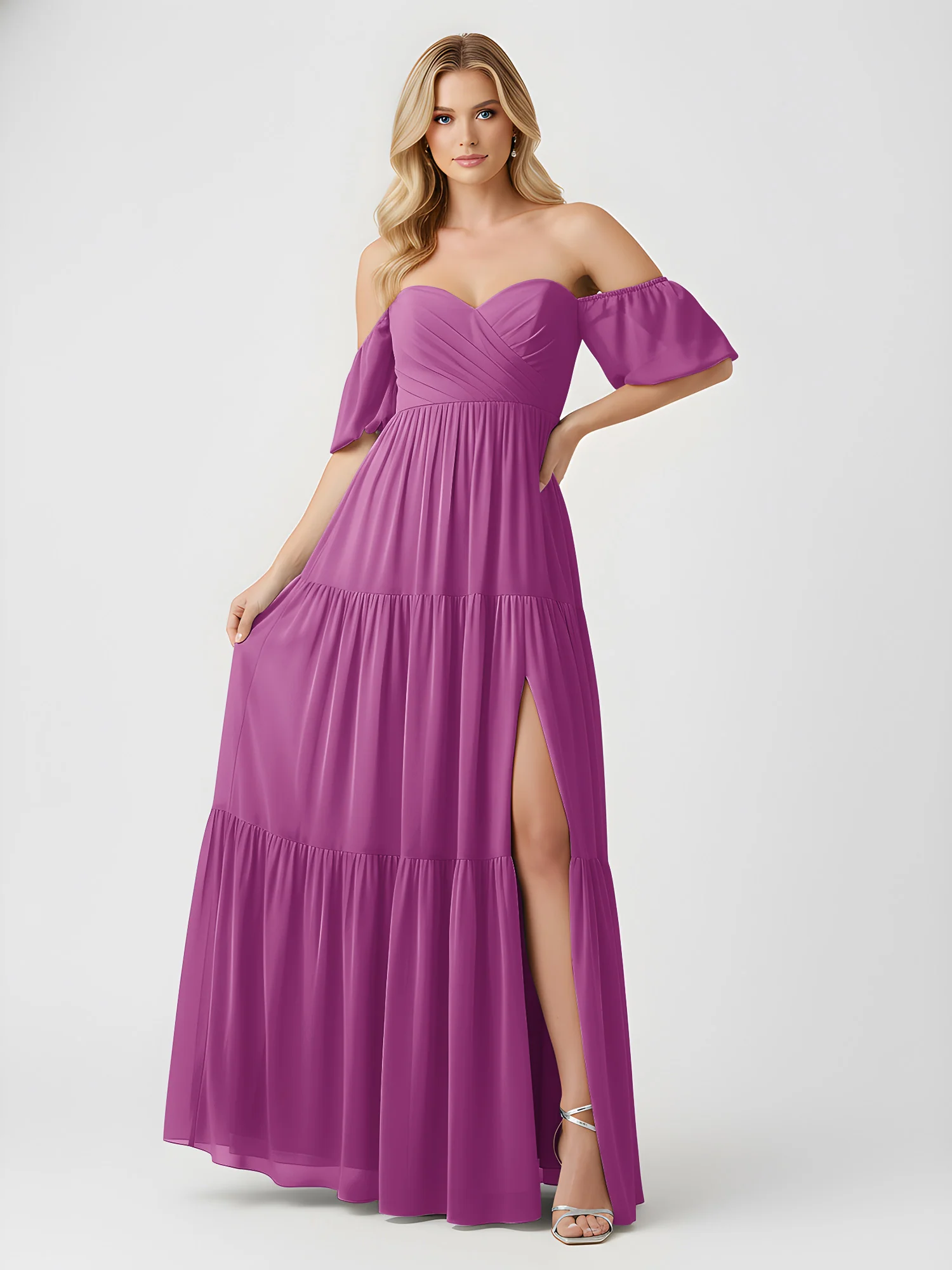 Off-Shoulder Tiered Chiffon Maxi Dress with Slit Orchid - Image 3