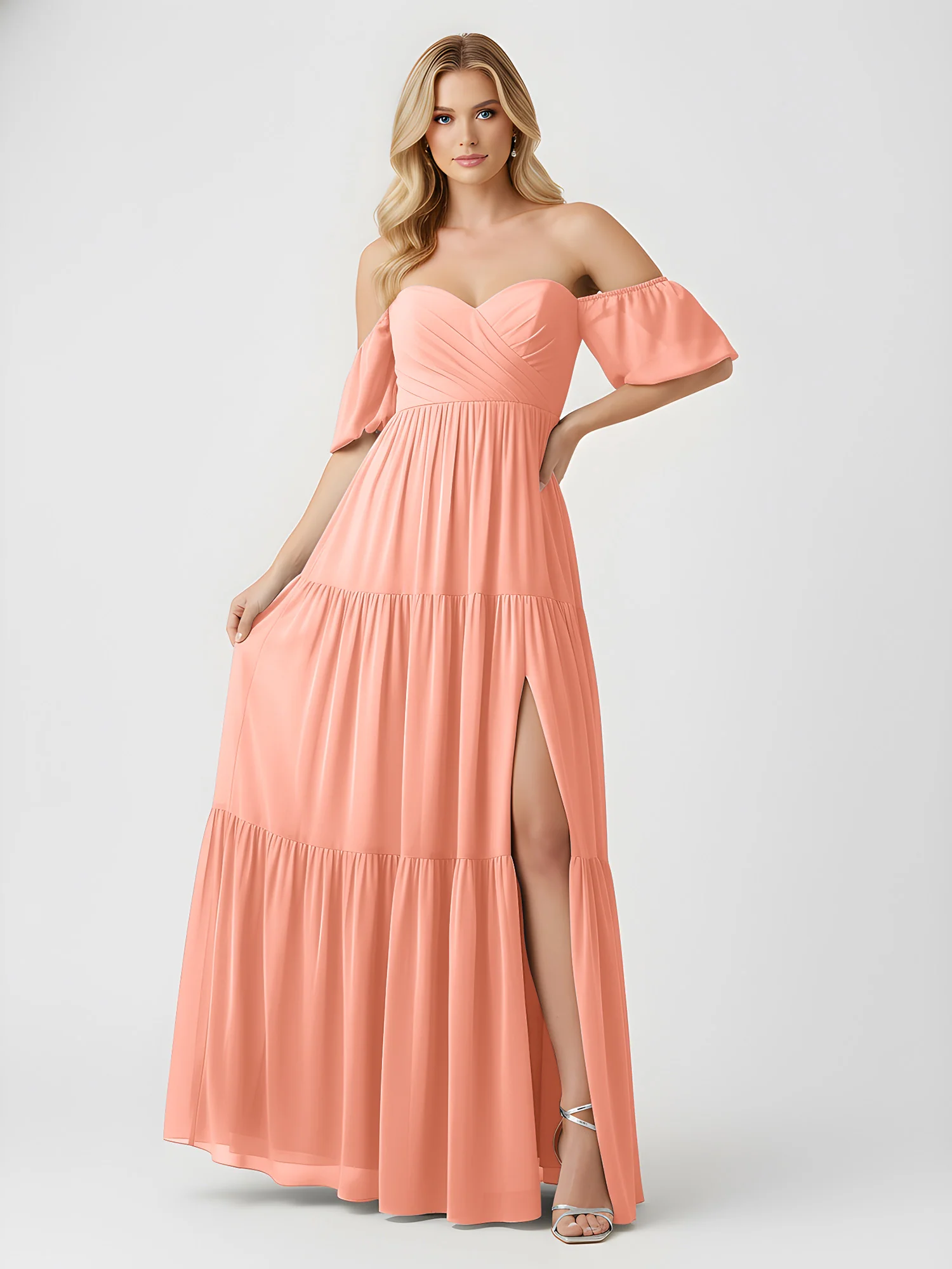 Off-Shoulder Tiered Chiffon Maxi Dress with Slit Papaya - Image 3