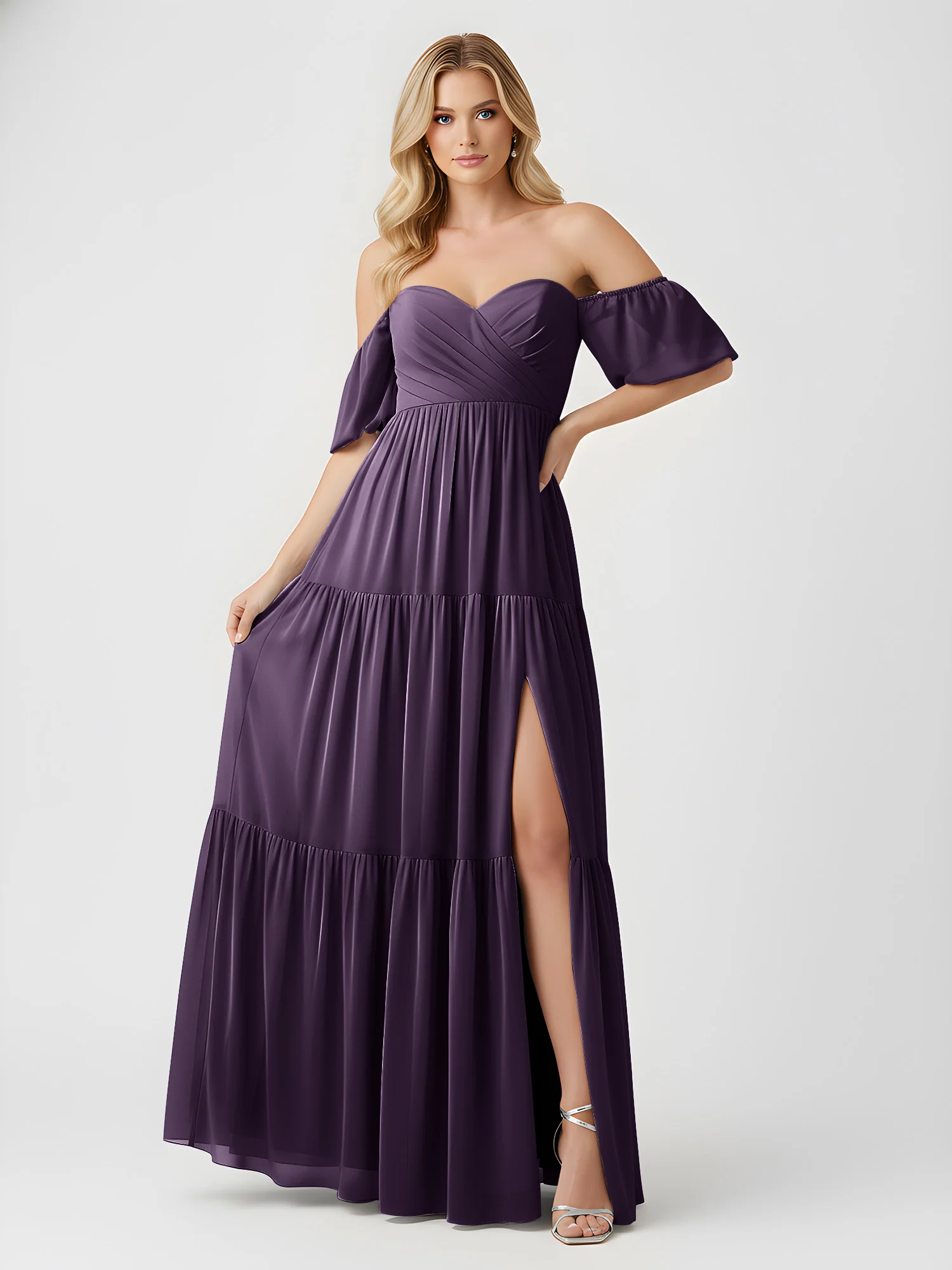 Off-Shoulder Tiered Chiffon Maxi Dress with Slit Plum - Image 3