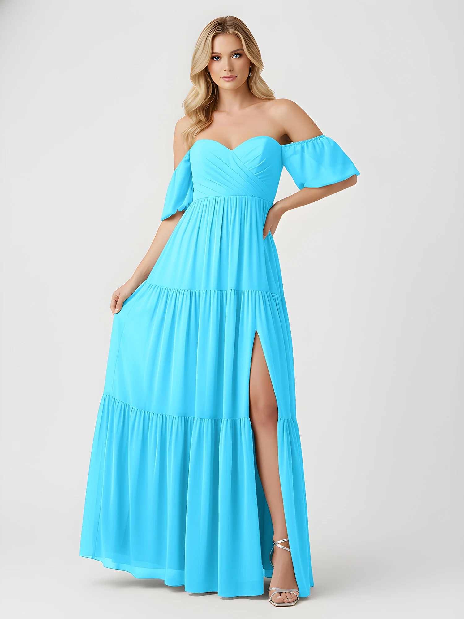 Off-Shoulder Tiered Chiffon Maxi Dress with Slit Pool - Image 3