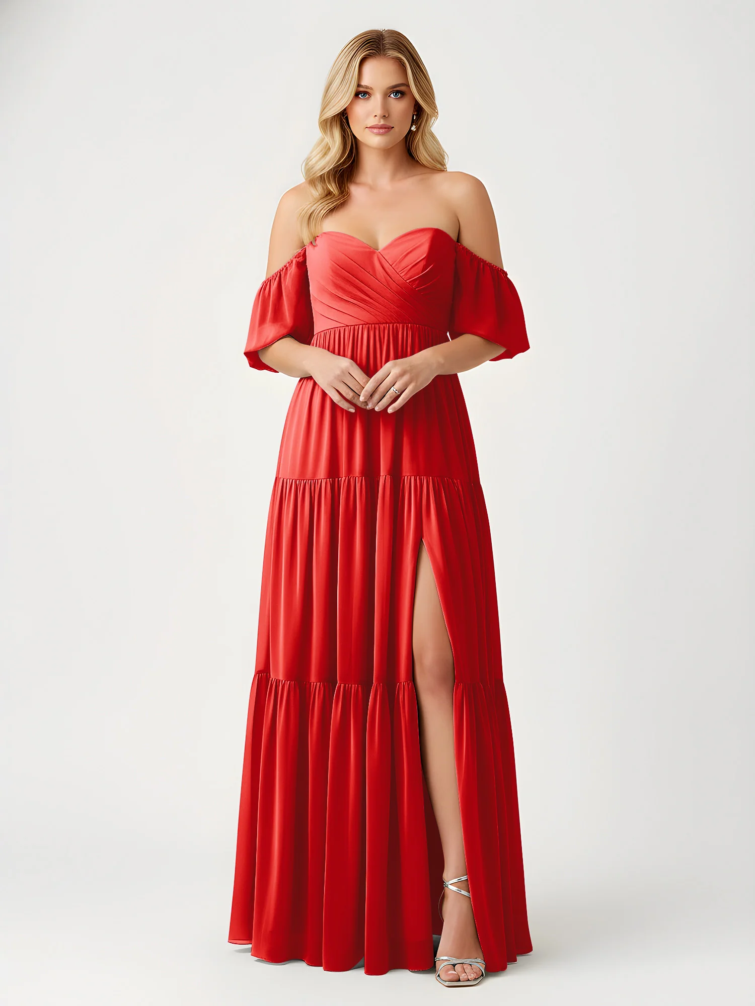 Off-Shoulder Tiered Chiffon Maxi Dress with Slit Red