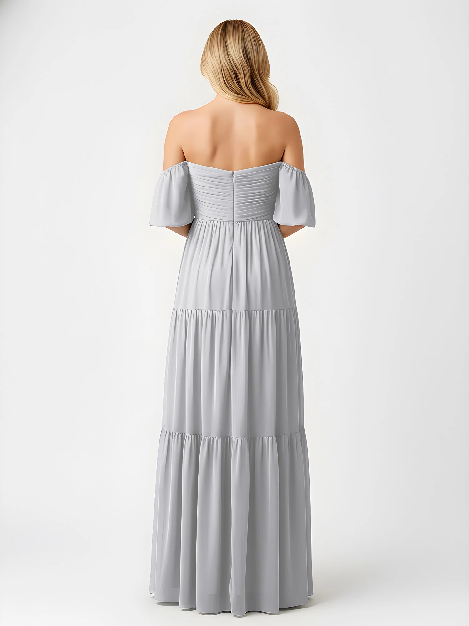Off-Shoulder Tiered Chiffon Maxi Dress with Slit Silver - Image 2