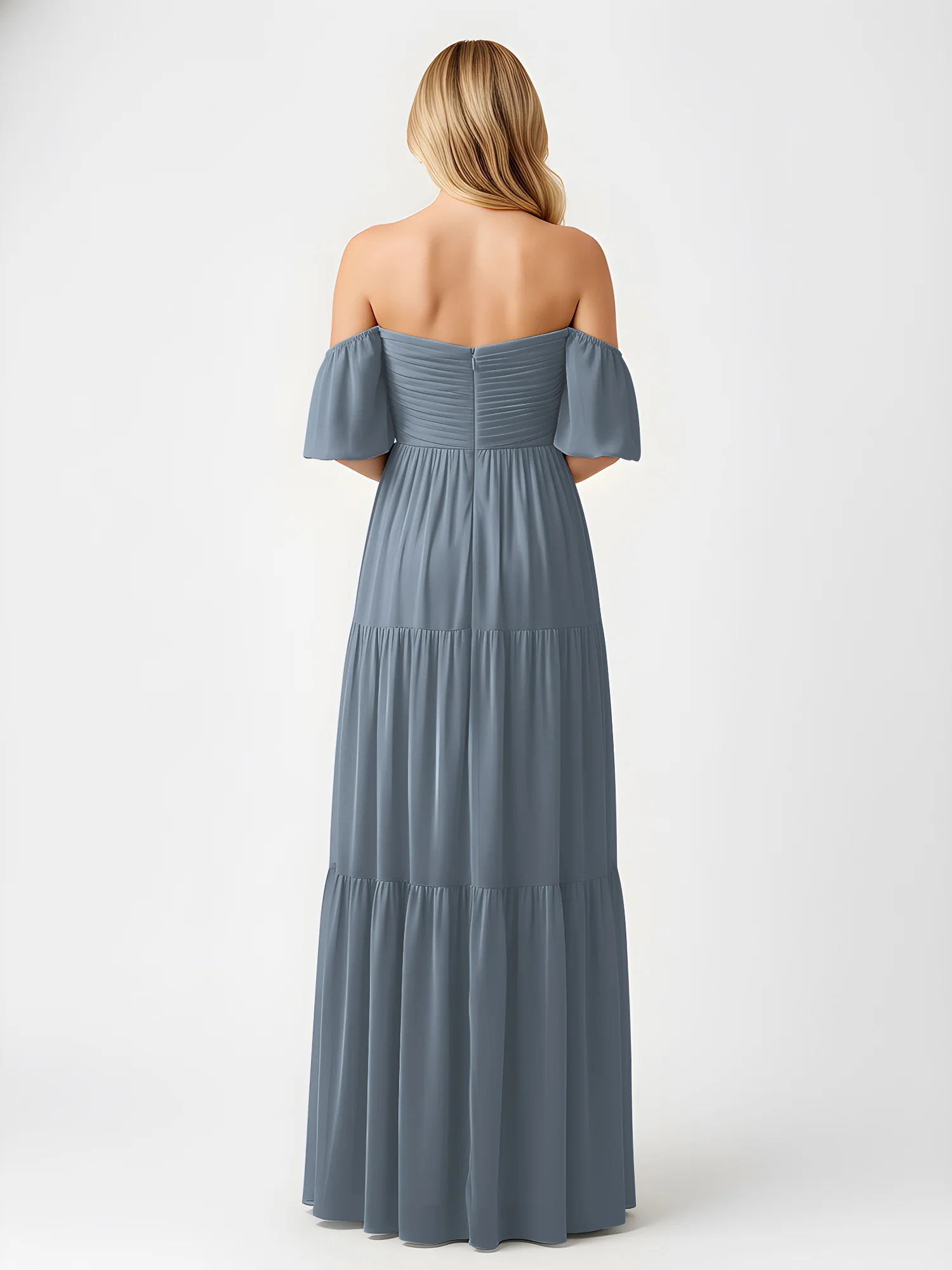 Off-Shoulder Tiered Chiffon Maxi Dress with Slit Slate Blue - Image 2