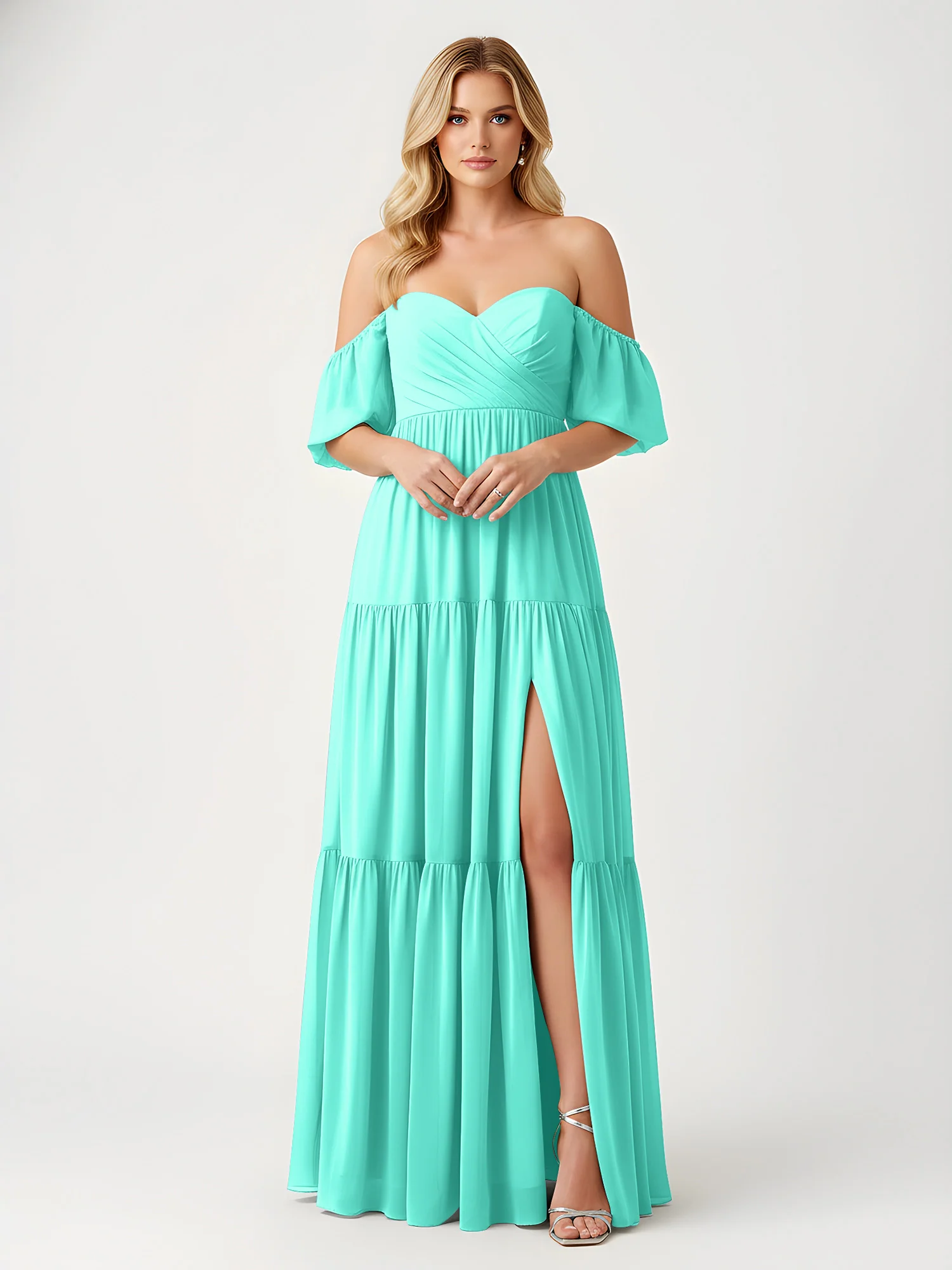 Off-Shoulder Tiered Chiffon Maxi Dress with Slit Spa