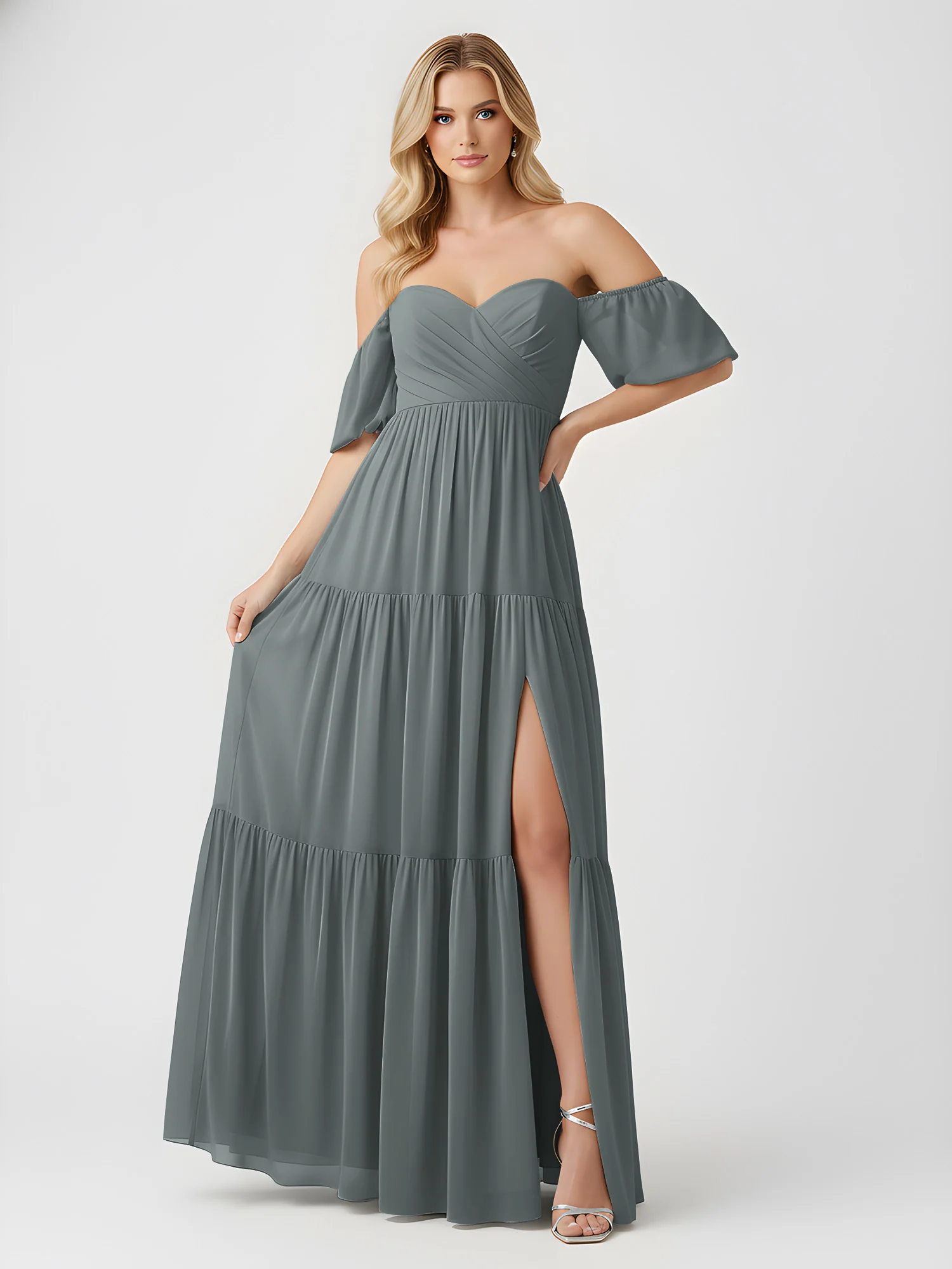 Off-Shoulder Tiered Chiffon Maxi Dress with Slit Steel Grey - Image 3