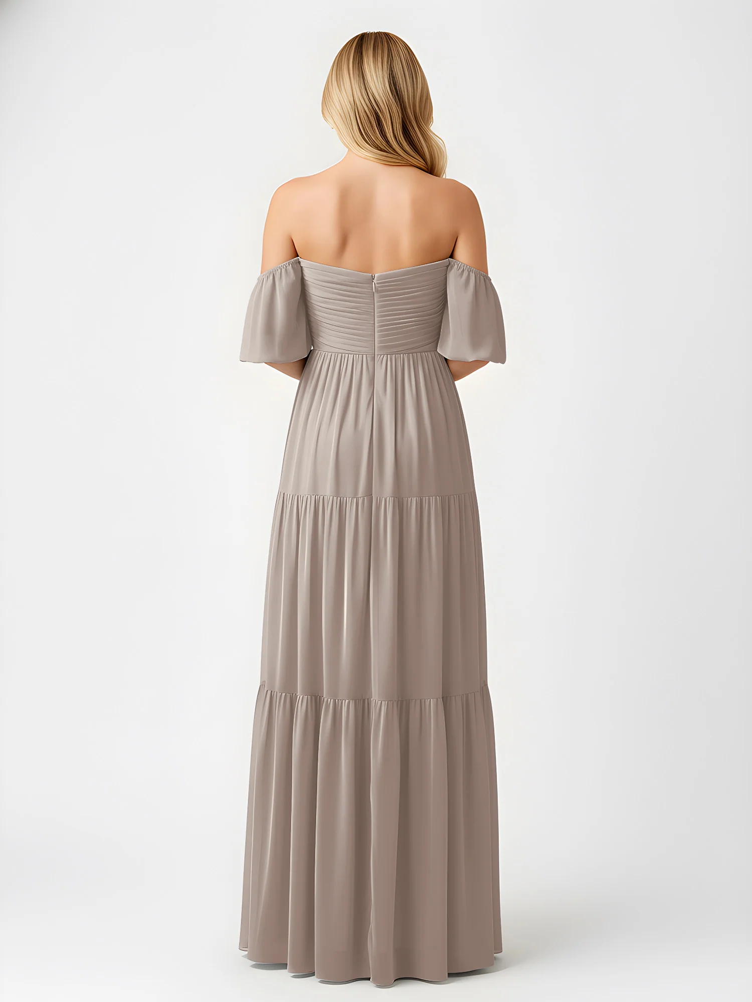 Off-Shoulder Tiered Chiffon Maxi Dress with Slit Taupe - Image 2