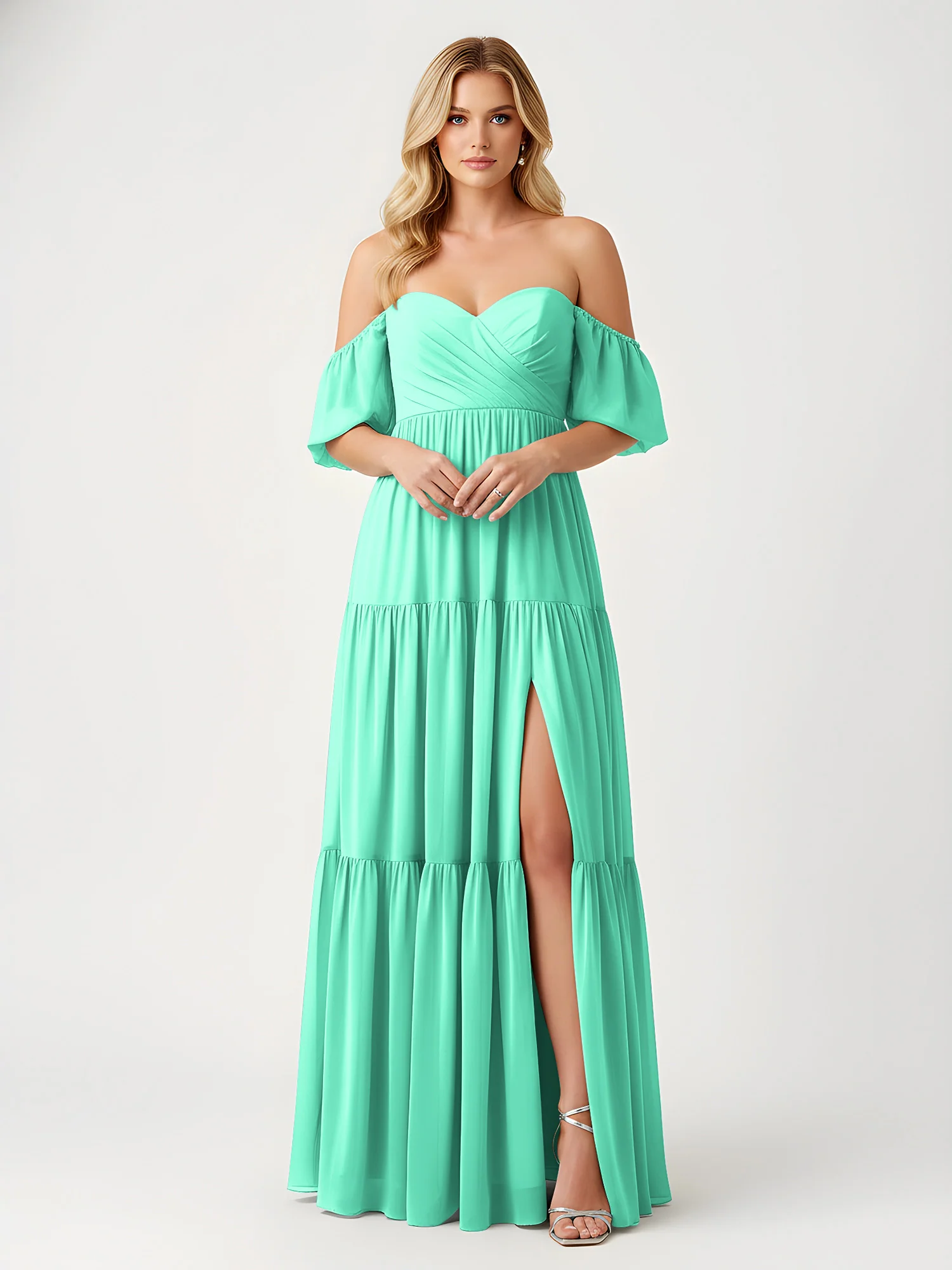 Off-Shoulder Tiered Chiffon Maxi Dress with Slit Turquoise
