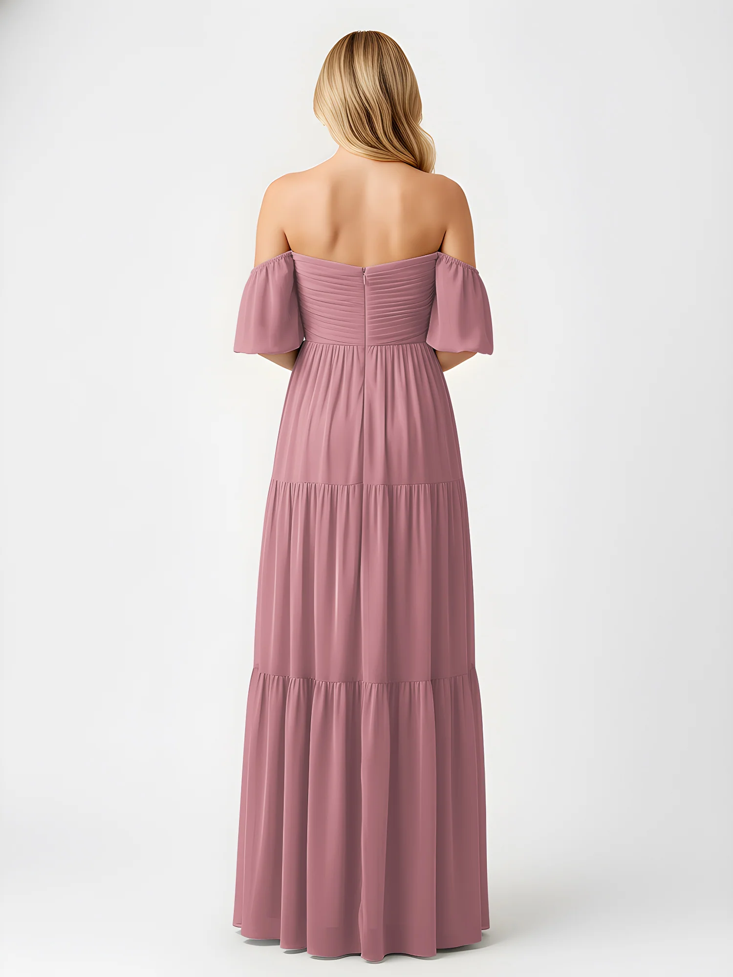 Off-Shoulder Tiered Chiffon Maxi Dress with Slit Vintage Mauve - Image 2