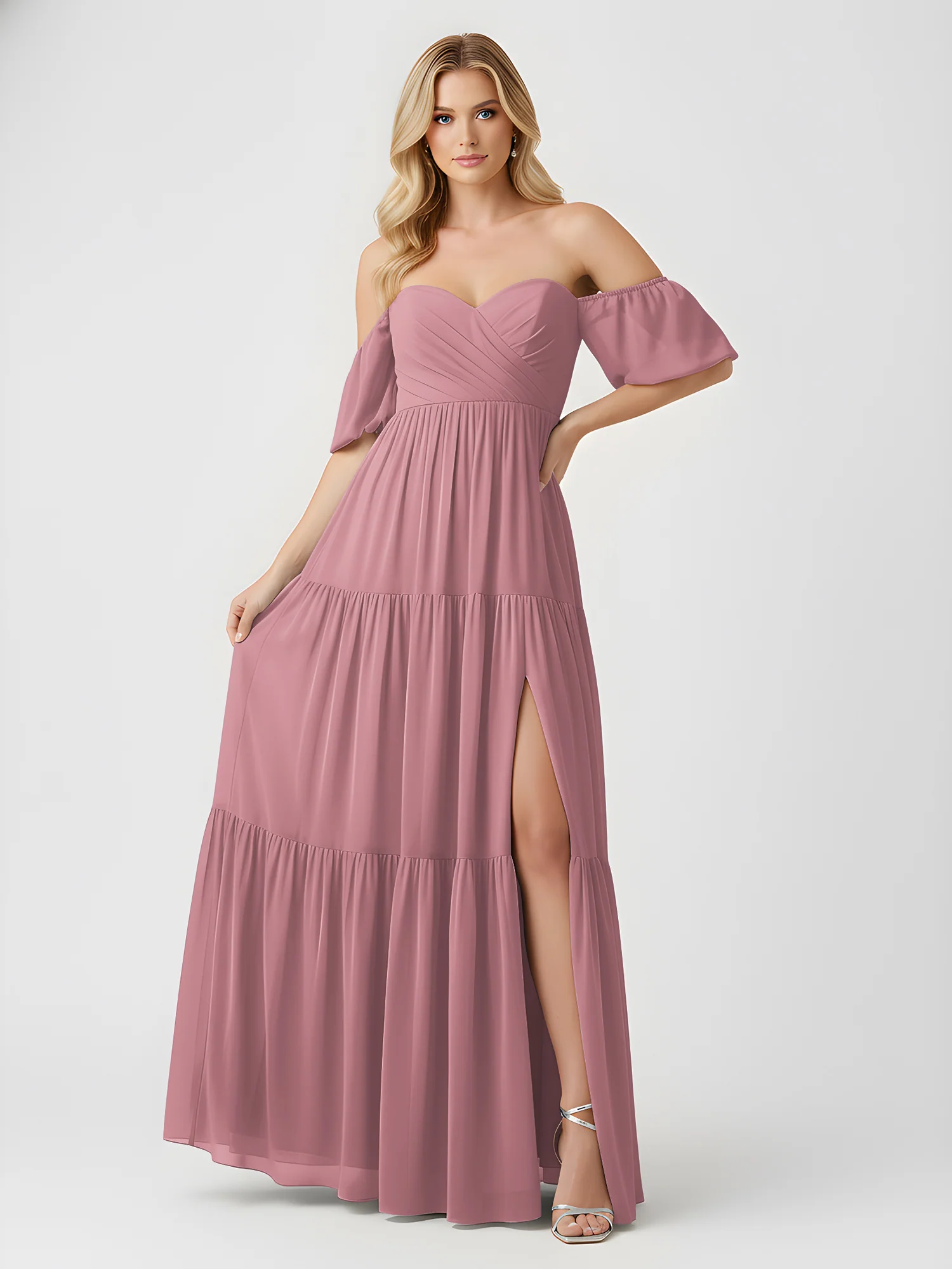 Off-Shoulder Tiered Chiffon Maxi Dress with Slit Vintage Mauve - Image 3