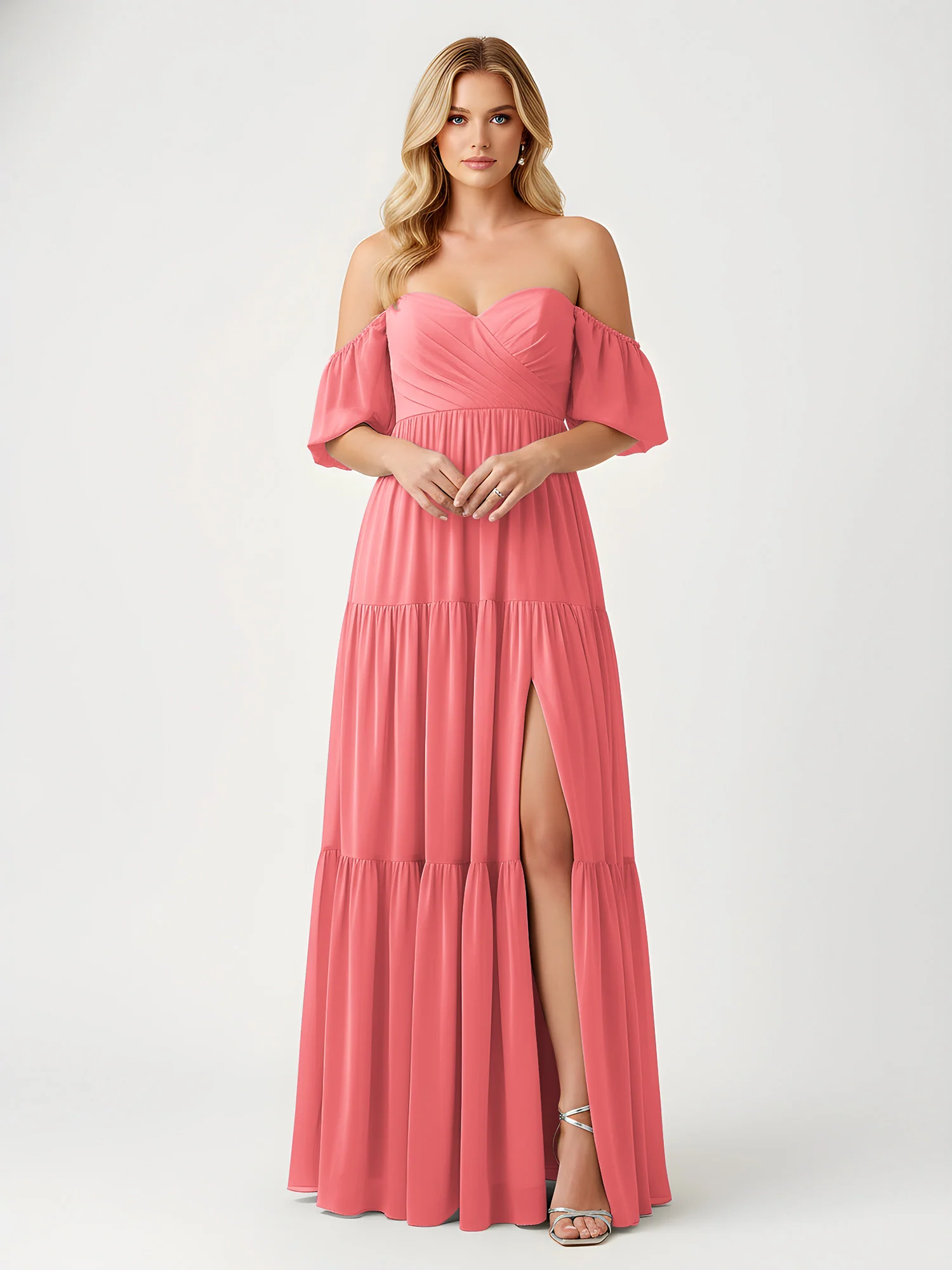 Off-Shoulder Tiered Chiffon Maxi Dress with Slit Watermelon