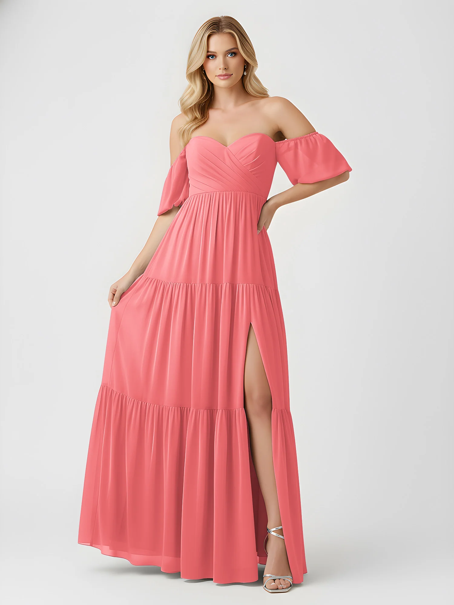Off-Shoulder Tiered Chiffon Maxi Dress with Slit Watermelon - Image 3