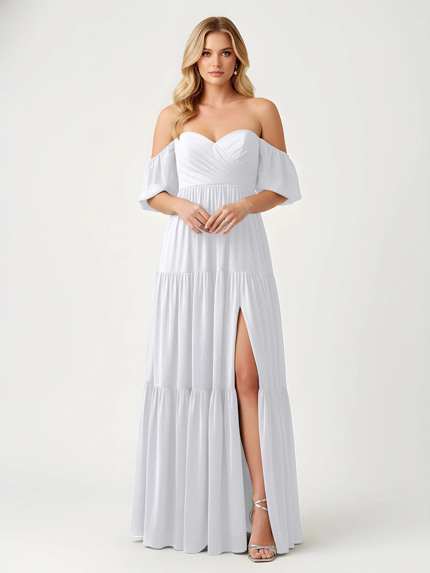 Off-Shoulder Tiered Chiffon Maxi Dress with Slit White