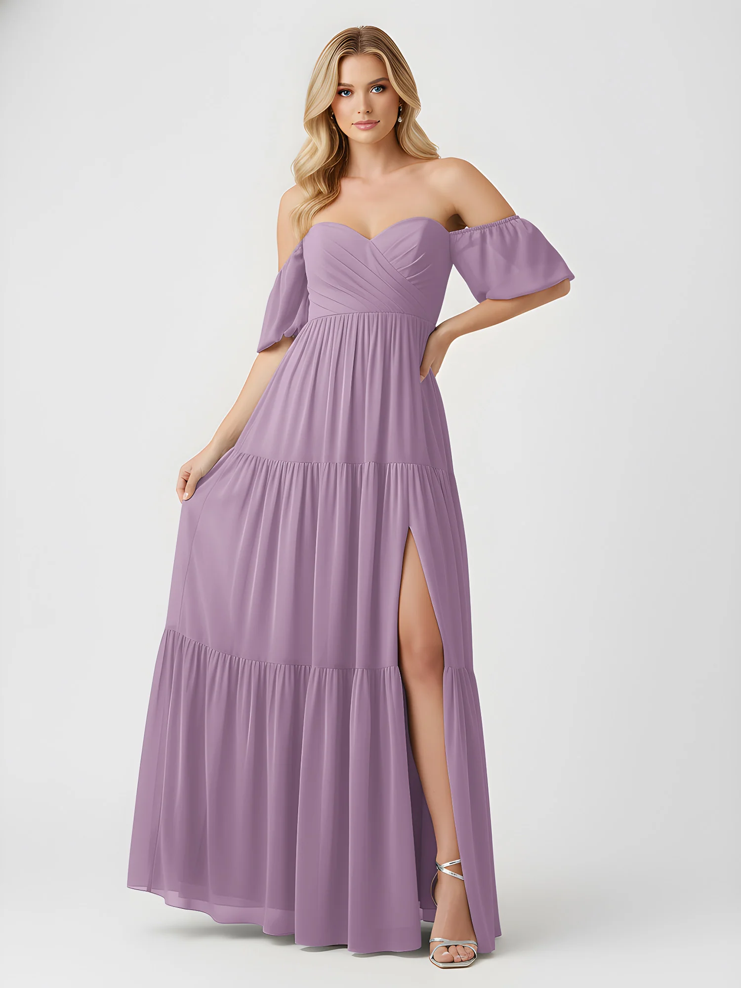 Off-Shoulder Tiered Chiffon Maxi Dress with Slit Wisteria - Image 3