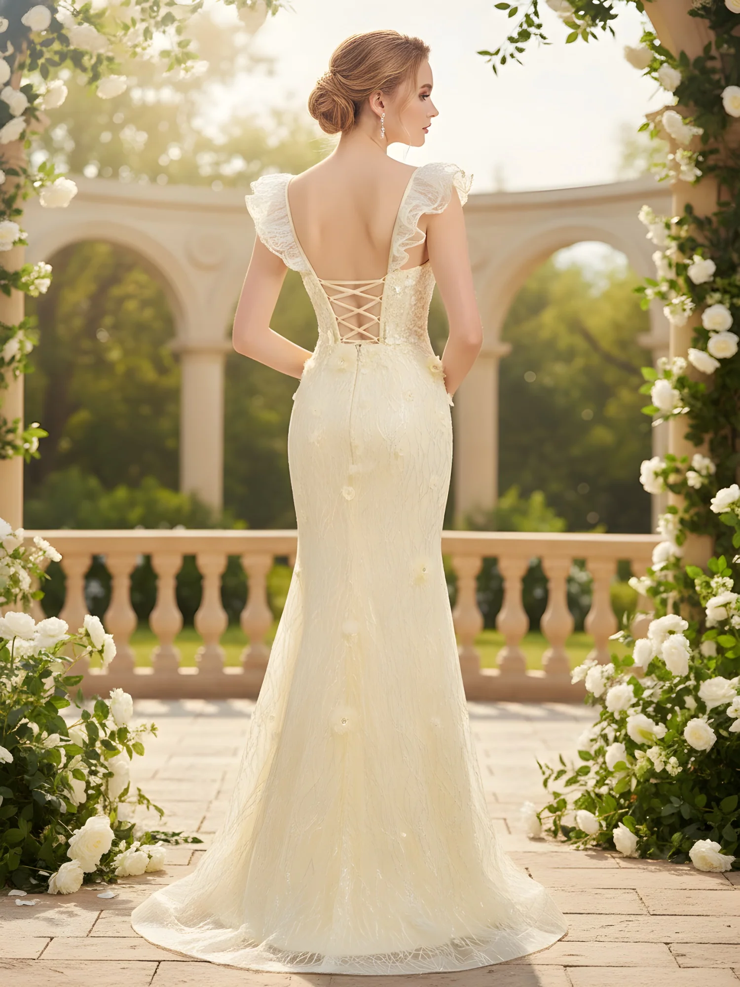 3D Floral Applique Lace Corset Mermaid Gown Daffodil - Image 2