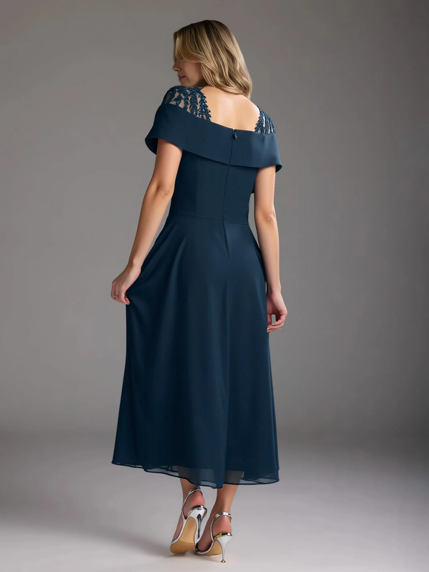 Chic A-Line Lace Square Neck Chiffon Tea-Length Dress Mist - Image 2