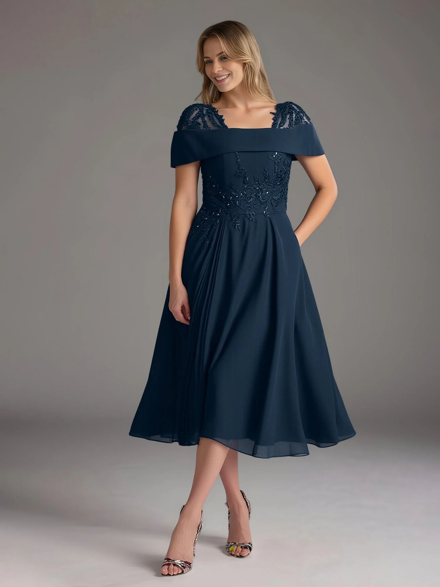 Chic A-Line Lace Square Neck Chiffon Tea-Length Dress Taupe