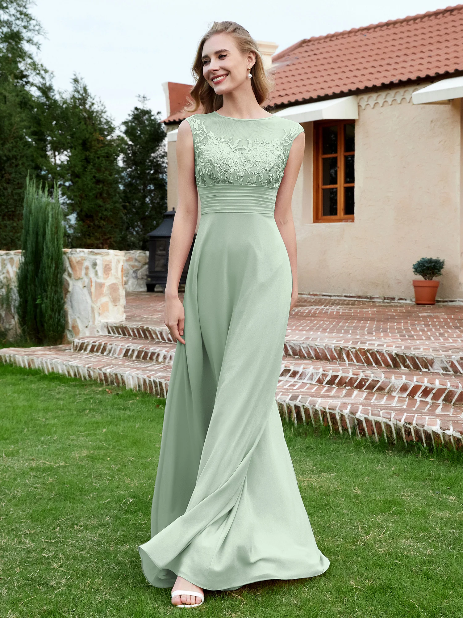 Chiffon And Lace Floor-length A-line Dress Agave